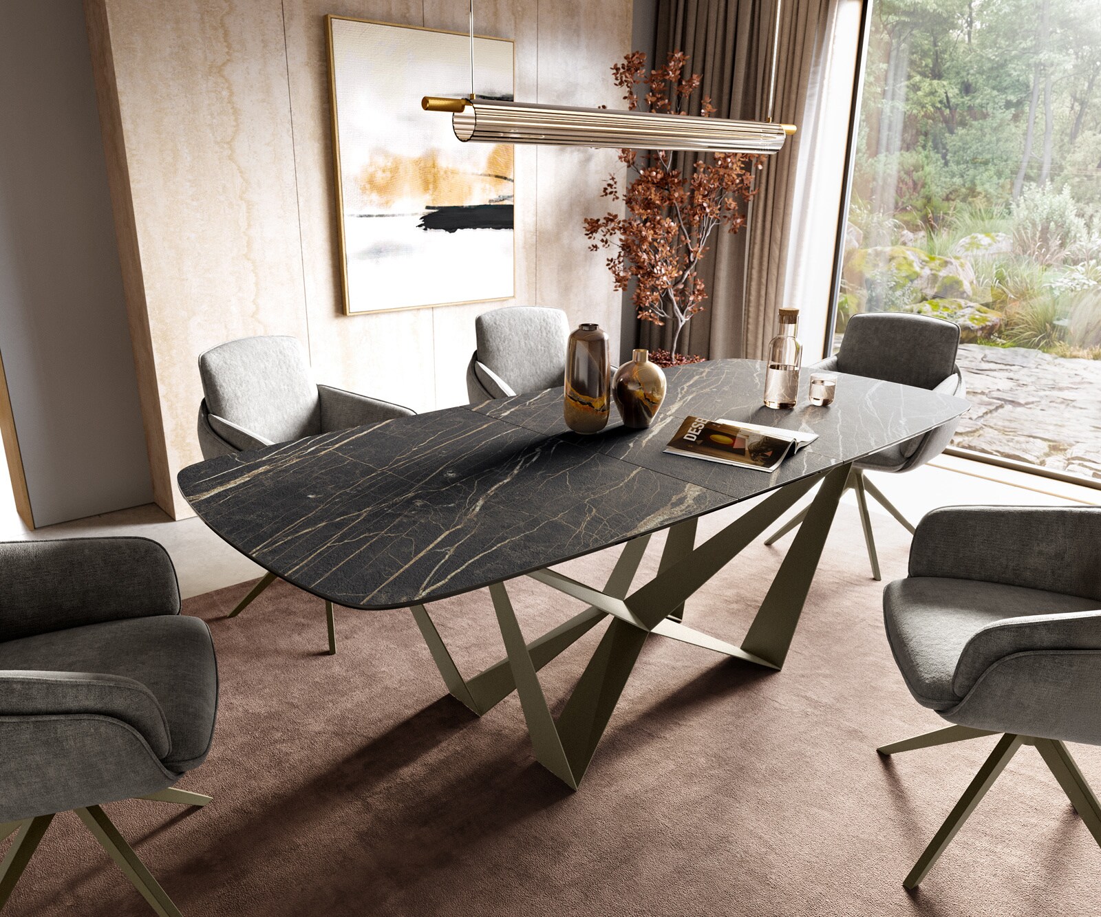 Stół do jadalni Edge w kształcie beczki 180-220x100 cm Laminam® ceramika Noir Desir Braun rama Spider metal kolor tytanowy rozkładany 1