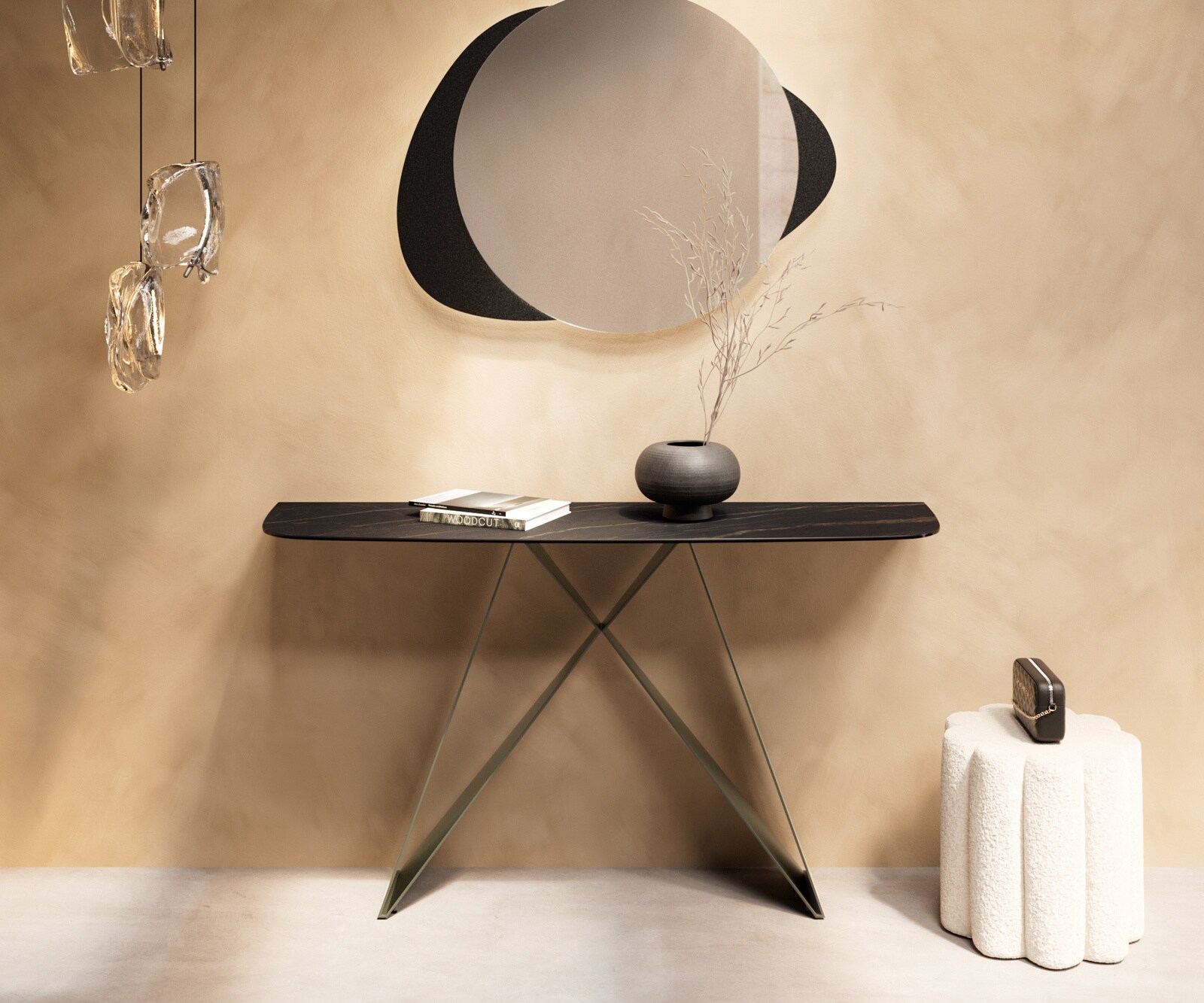 Konsola Edge w kształcie beczki 140x40 cm ceramika Laminam® Noir Desir brązowa podstawa Velio metal w kolorze tytanu 1