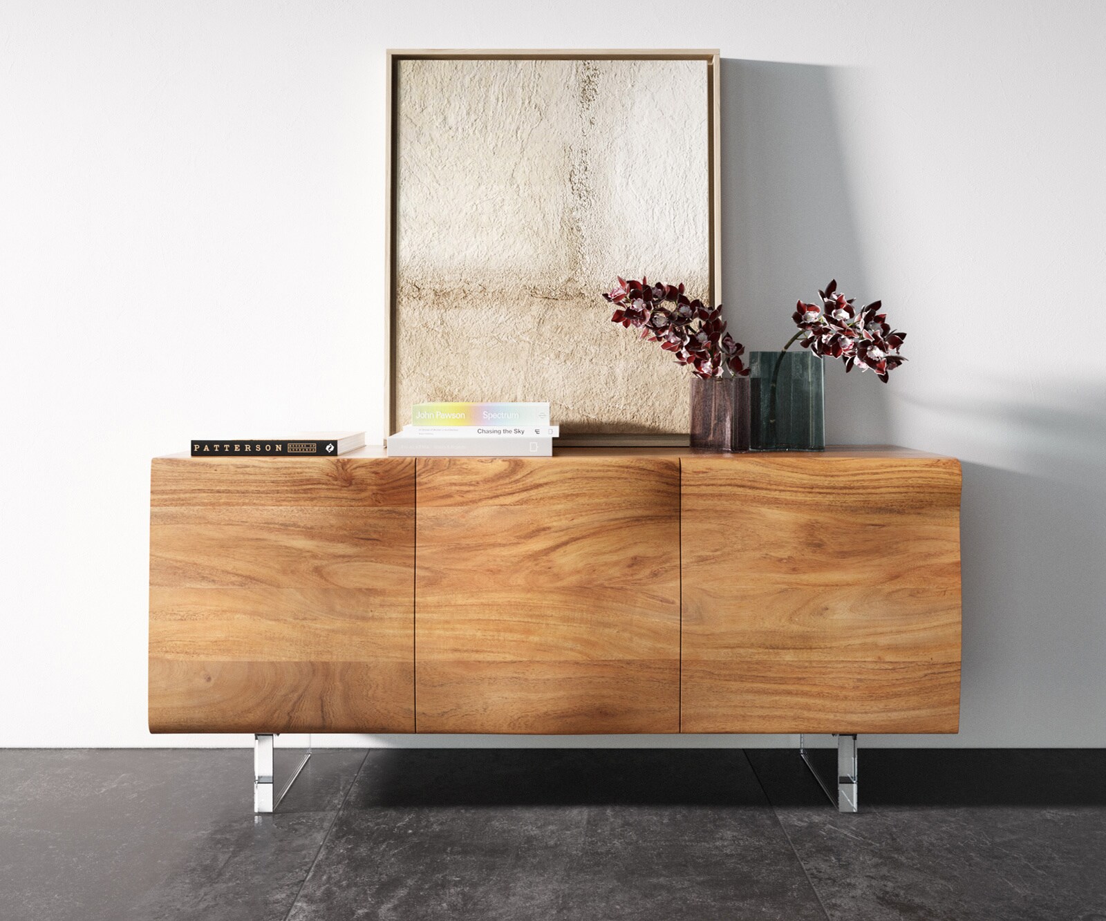 Komoda New Live-Edge 145 cm akacja naturalna 3 drzwi nóżki akrylowe 4