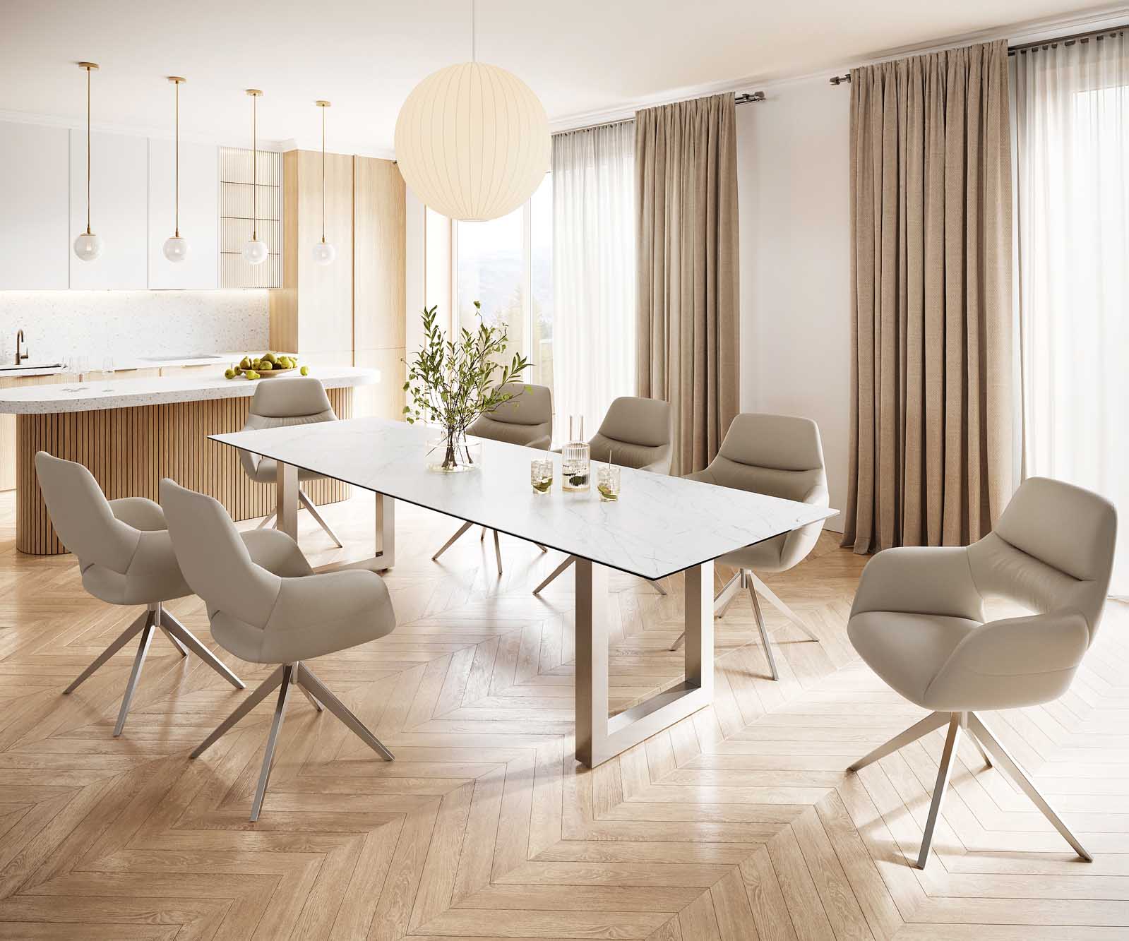 Stół do jadalni Edge 300x100cm ceramika Laminam® Statuarietto biały stal nierdzewna szeroka rama 6