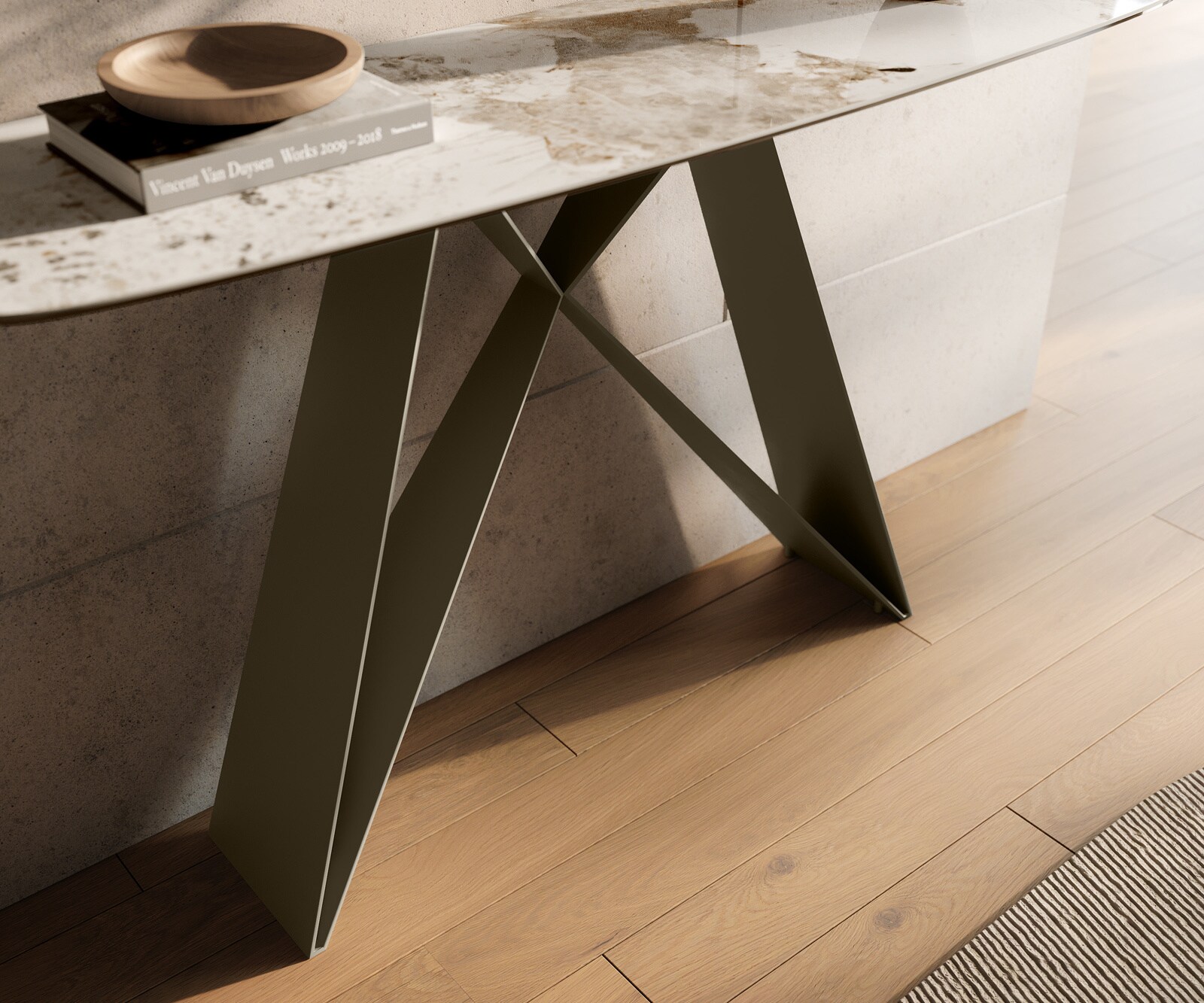 Konsola Edge w kształcie beczki 140x40 cm ceramika Minas Melange biało-beżowa podstawa Velio metal w kolorze tytanu 6