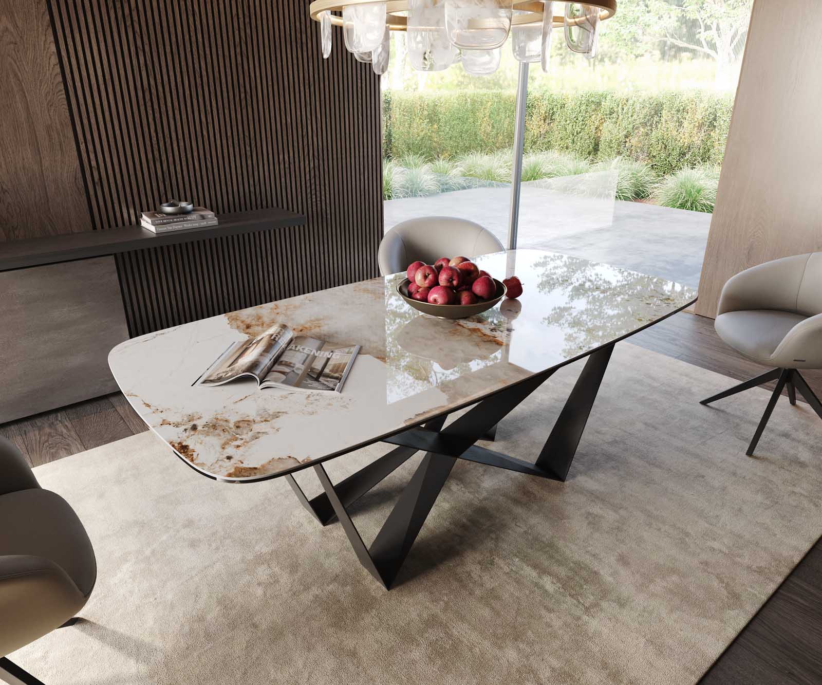 Stół do jadalni Edge kształt beczki 200x100cm ceramika Minas Melange biało-beżowy rama Spider metal czarna