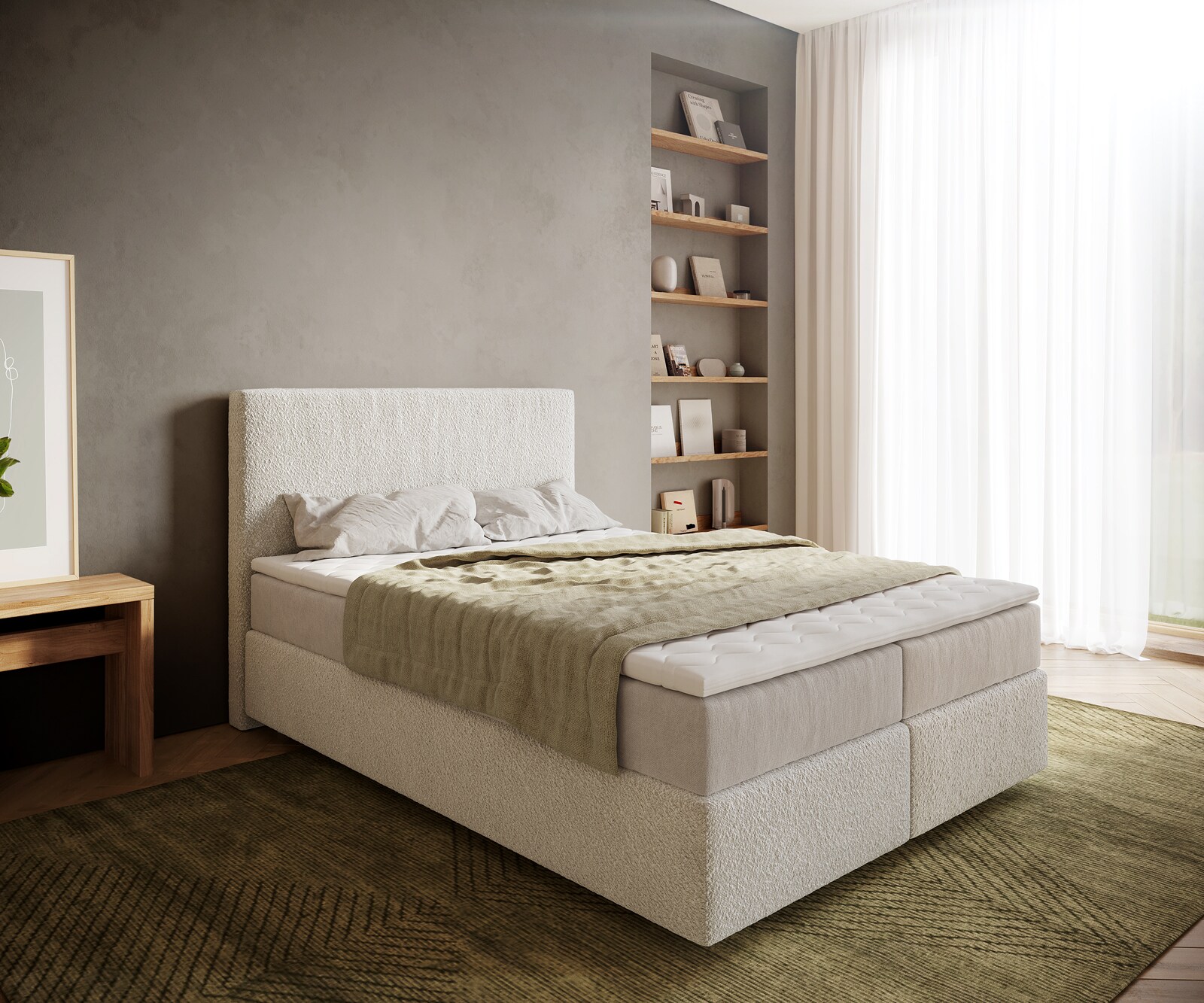 Łóżko kontynentalne Dream-Well 140x200 cm bouclé kremowo-biały z materacem ze sprężynami kieszeniowymi i topperem Visco