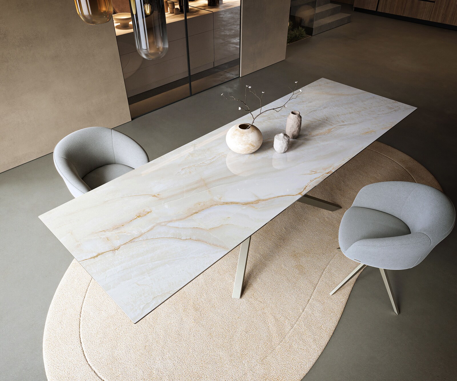 Stół do jadalni Edge 300x100cm ceramika Onyx Pearl rama Cross kolor tytanowy 3