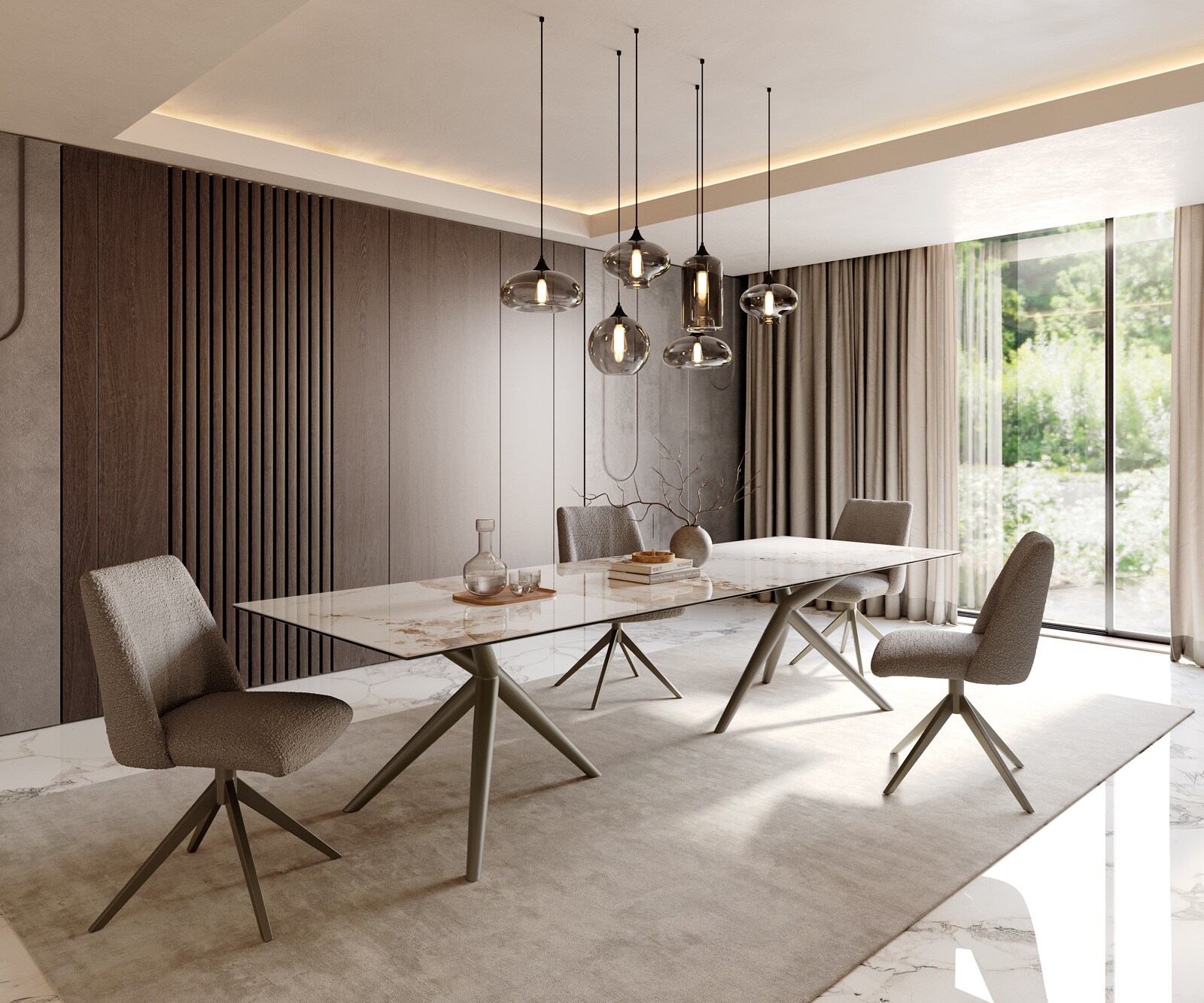 Stół do jadalni Edge 300x100cm ceramika Minas Melange biało-beżowy rama Estelar metal kolor tytanowy 6