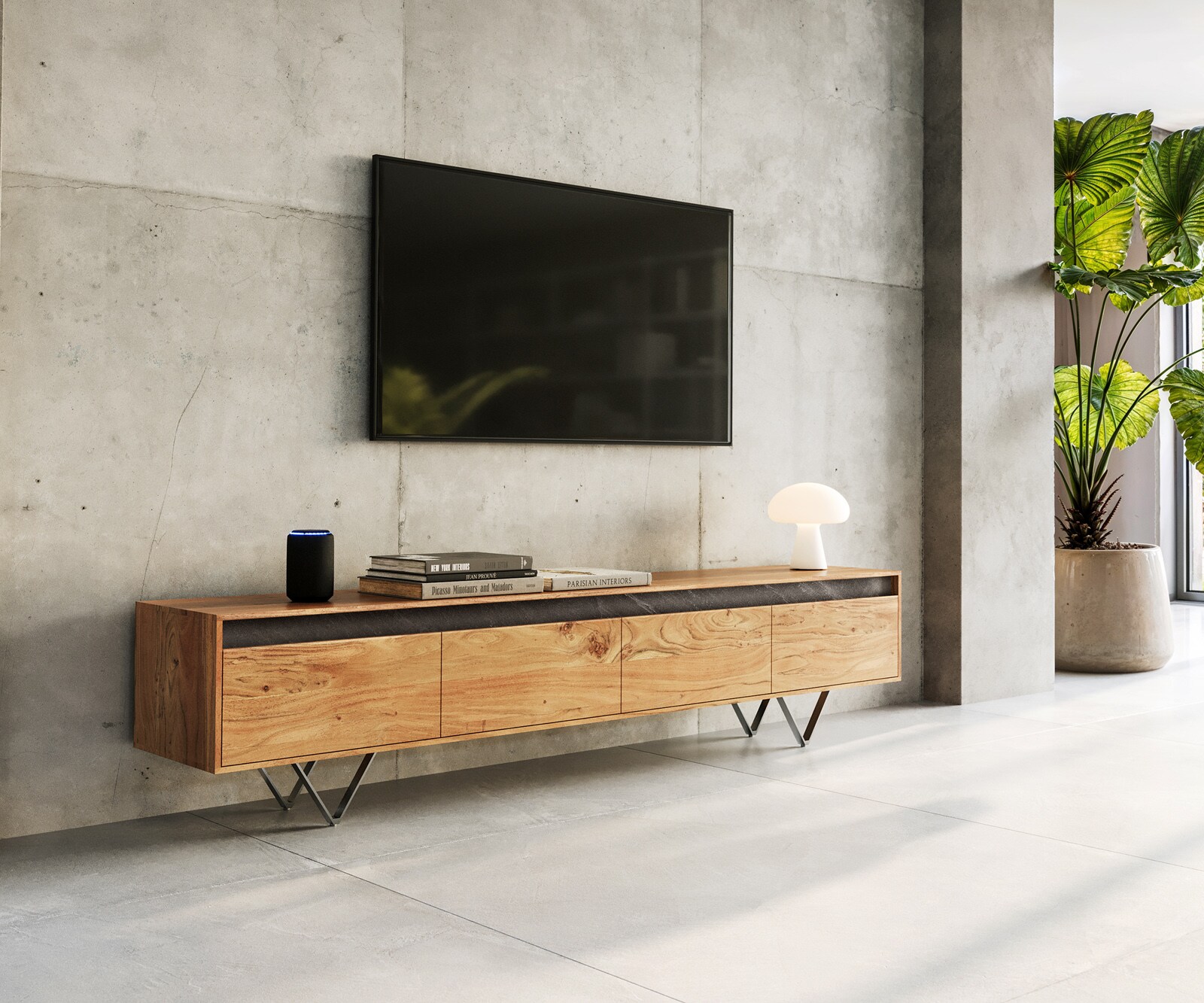 Szafka RTV Stonegrace 200 cm akacja naturalna łupek 4 szuflady