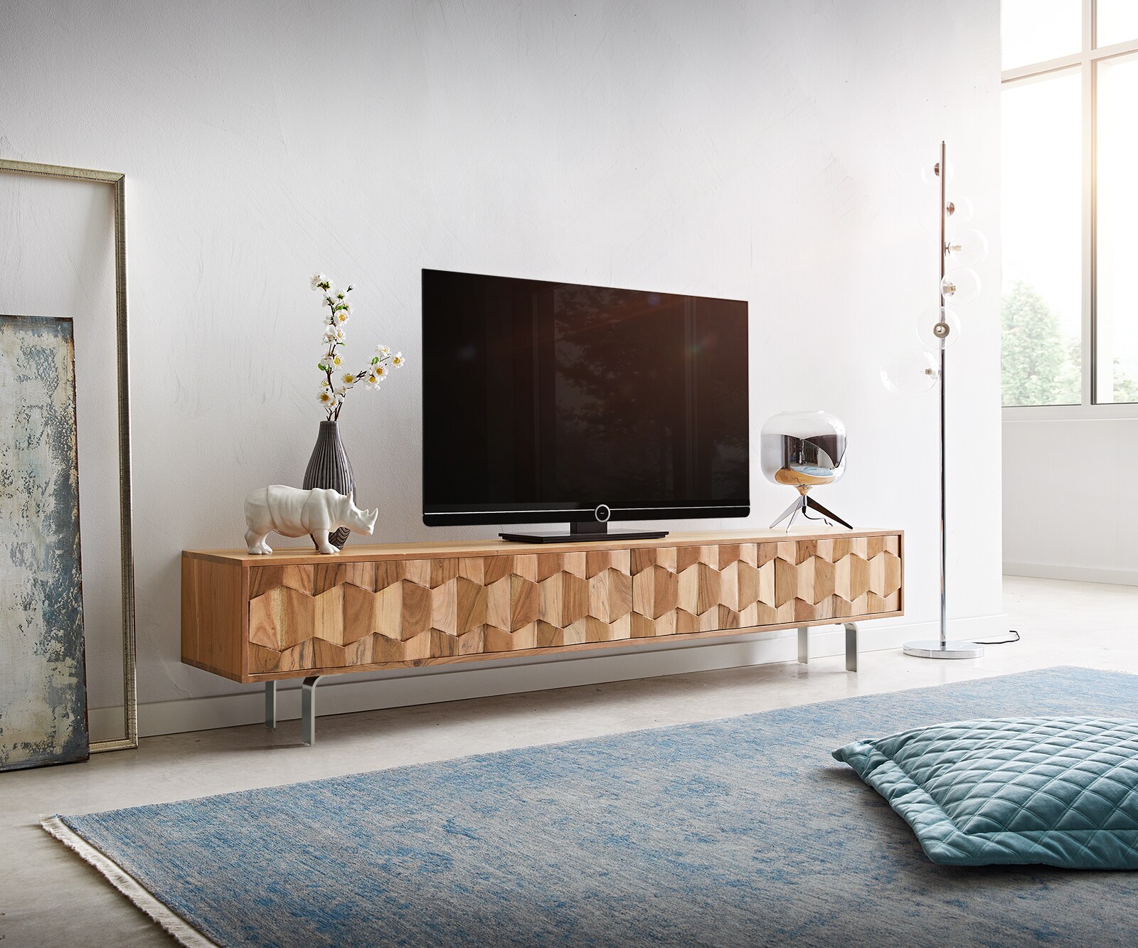 Szafka RTV Fevo 200 cm akacja naturalna 4 drzwi nóżki L