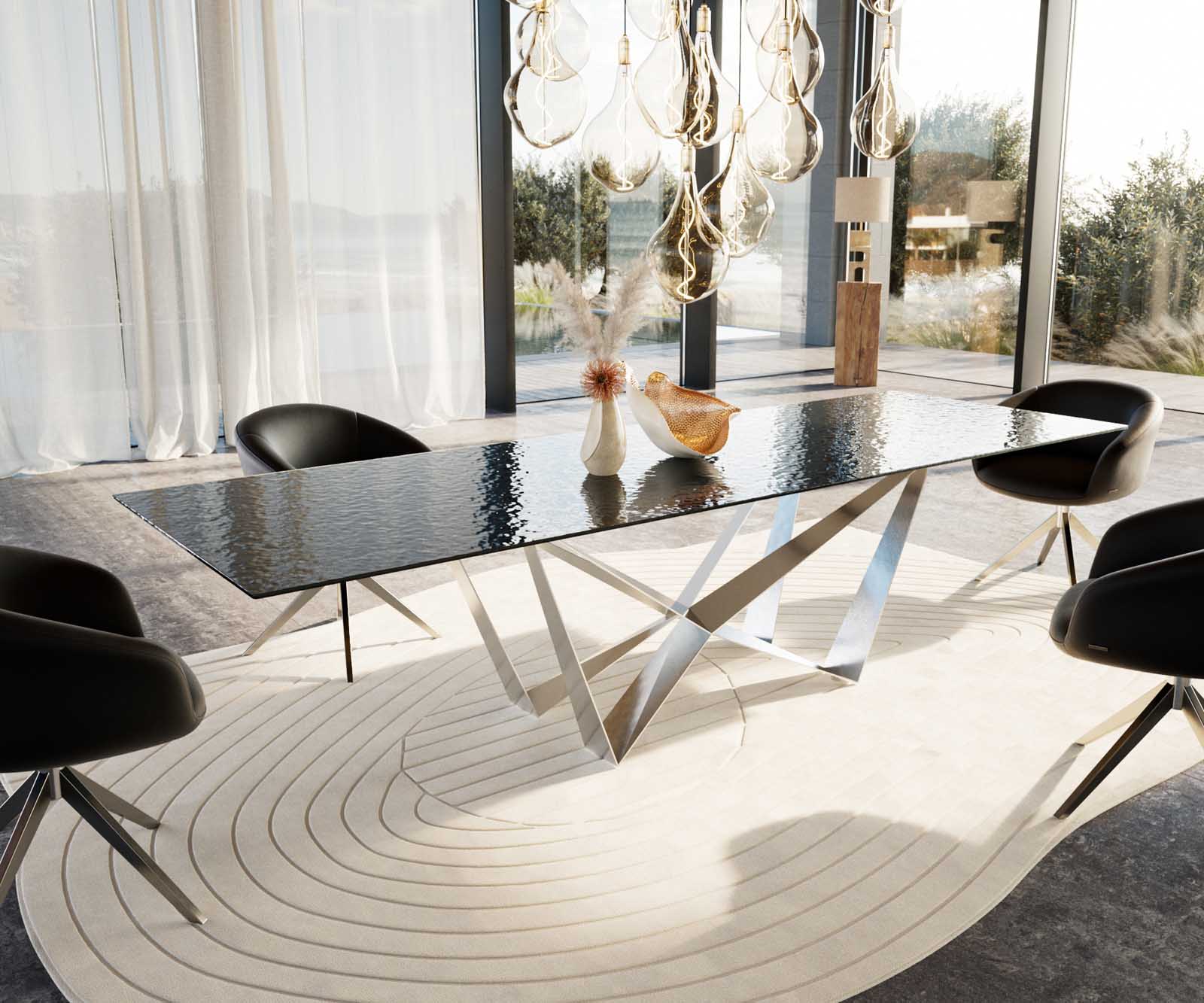 Stół do jadalni Edge 300x100cm szkło reliefowe czarne efekt 3D rama Spider stal nierdzewna