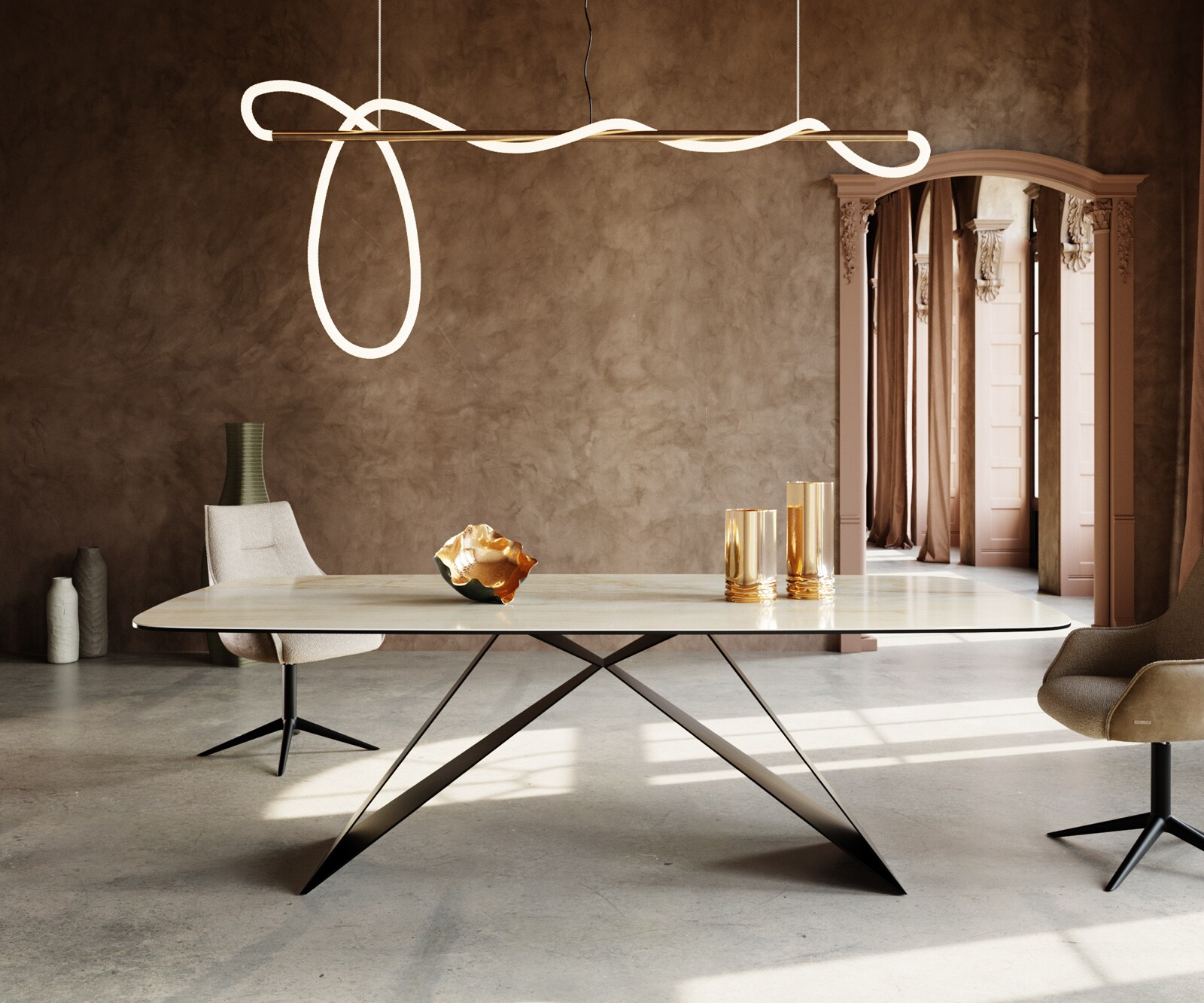 Stół do jadalni Edge kształt beczki 240x120cm ceramika Iris FMG Onice Oro rama V metal czarna 1