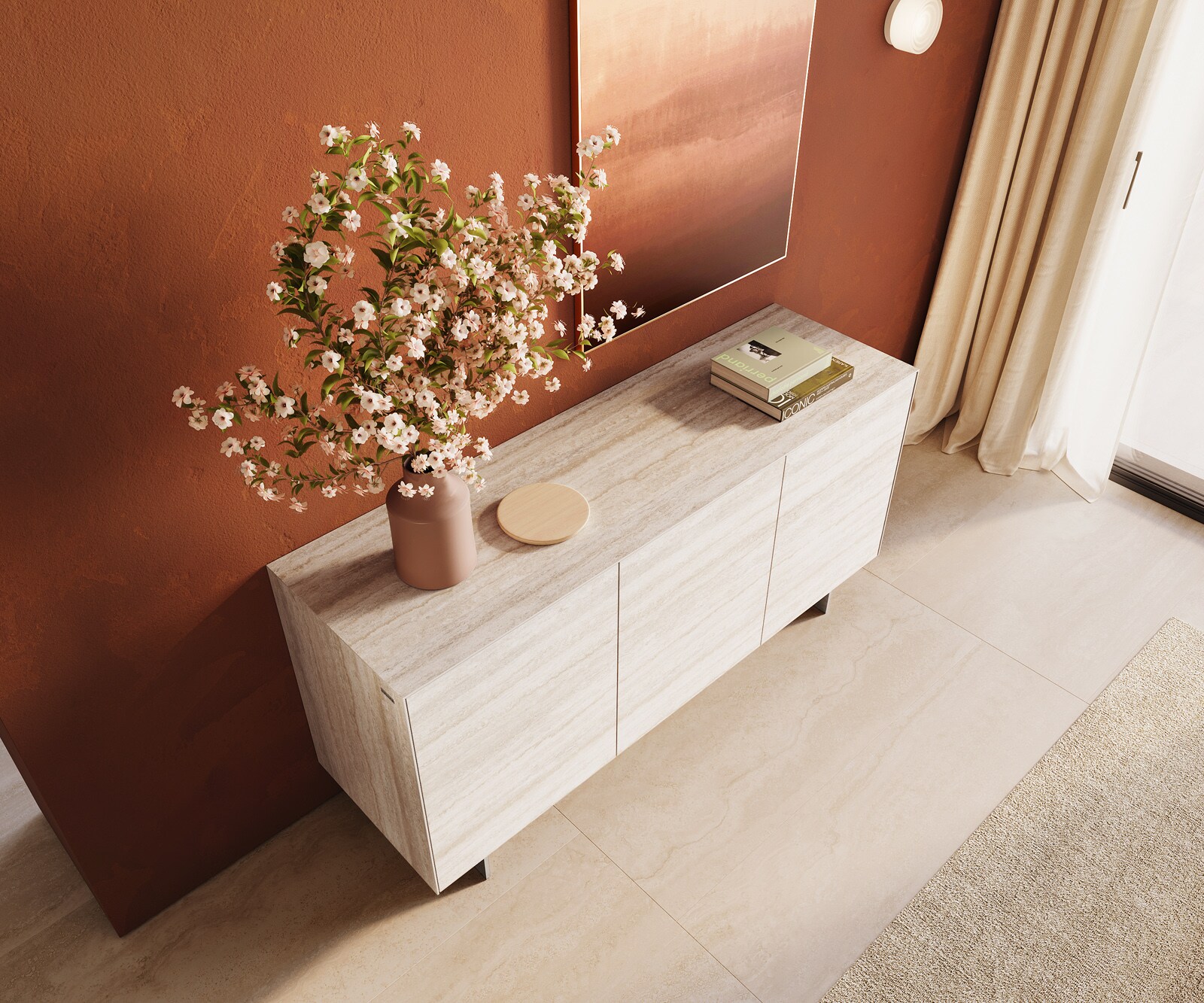 Komoda Cuor 150 cm ceramika Laminam® Travertino Bianco kremowo-biała 3 drzwi nóżki wąskie stal nierdzewna 4