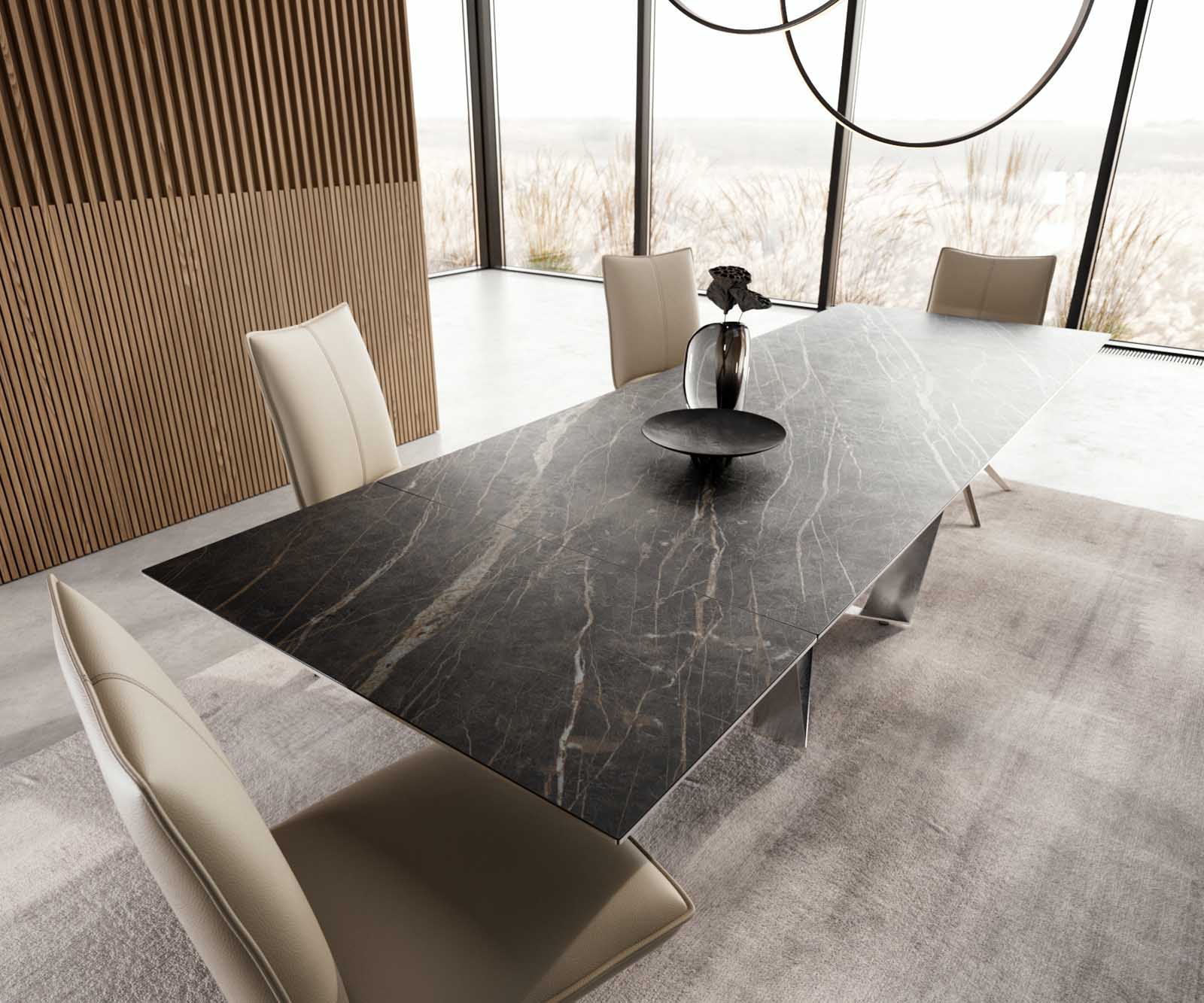 Stół do jadalni Edge 200-300x100 cm ceramika Laminam® Noir Desir brązowy rama Spider stal nierdzewna rozkładany 4