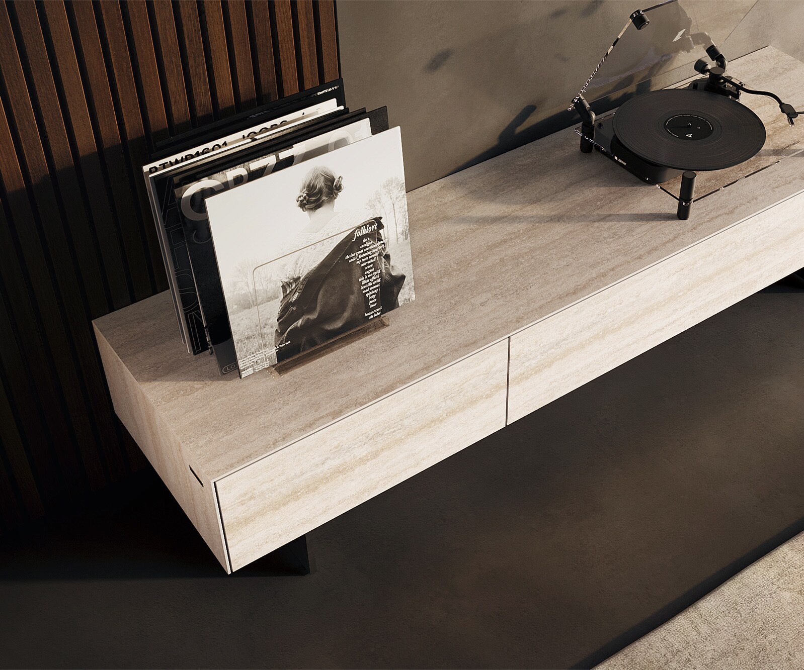 Szafka RTV Cuor 150 cm ceramika Laminam® Travertino Bianco kremowo-biała 1 klapa 1 szuflada nóżki wąskie czarny metal 3