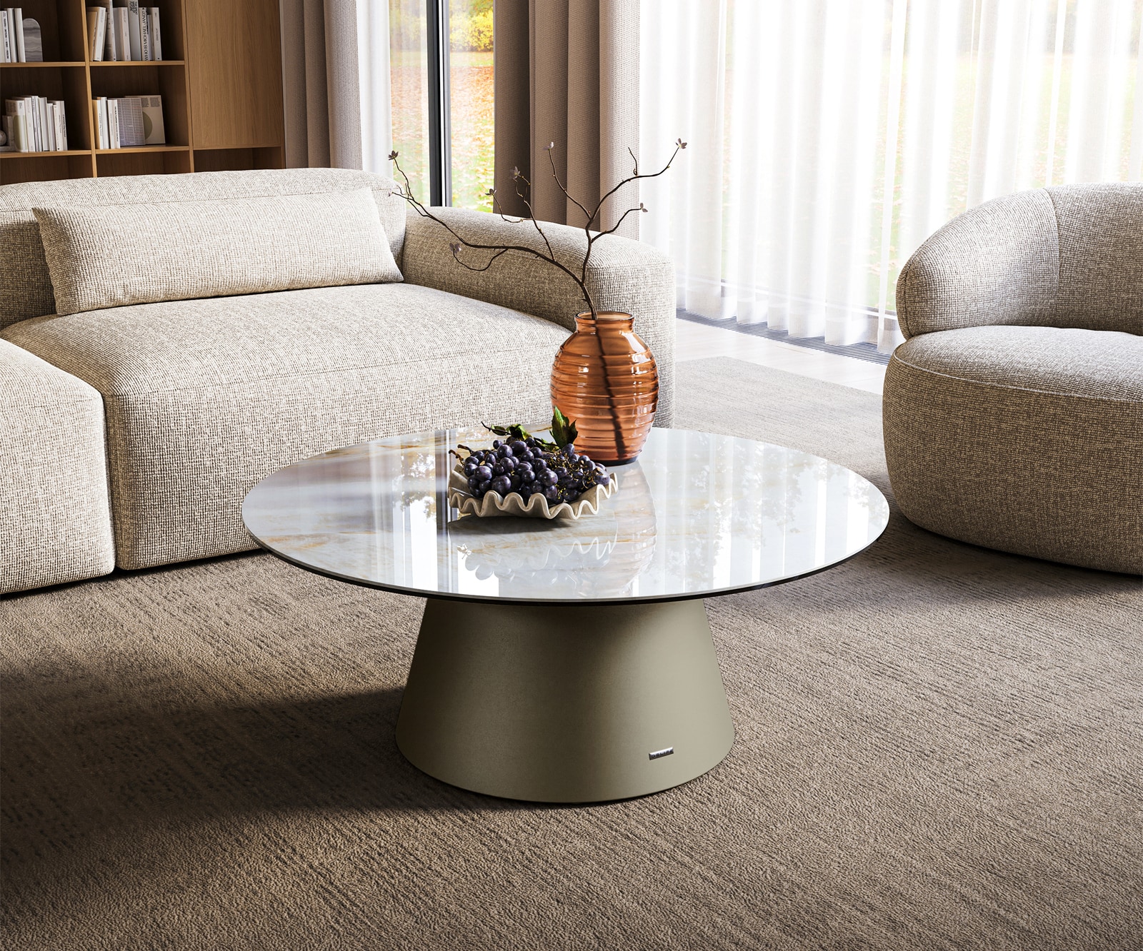 Stolik kawowy Edge okrągły 90x90 cm ceramika Onyx Pearl podstawa Borna metal w kolorze tytanu 1