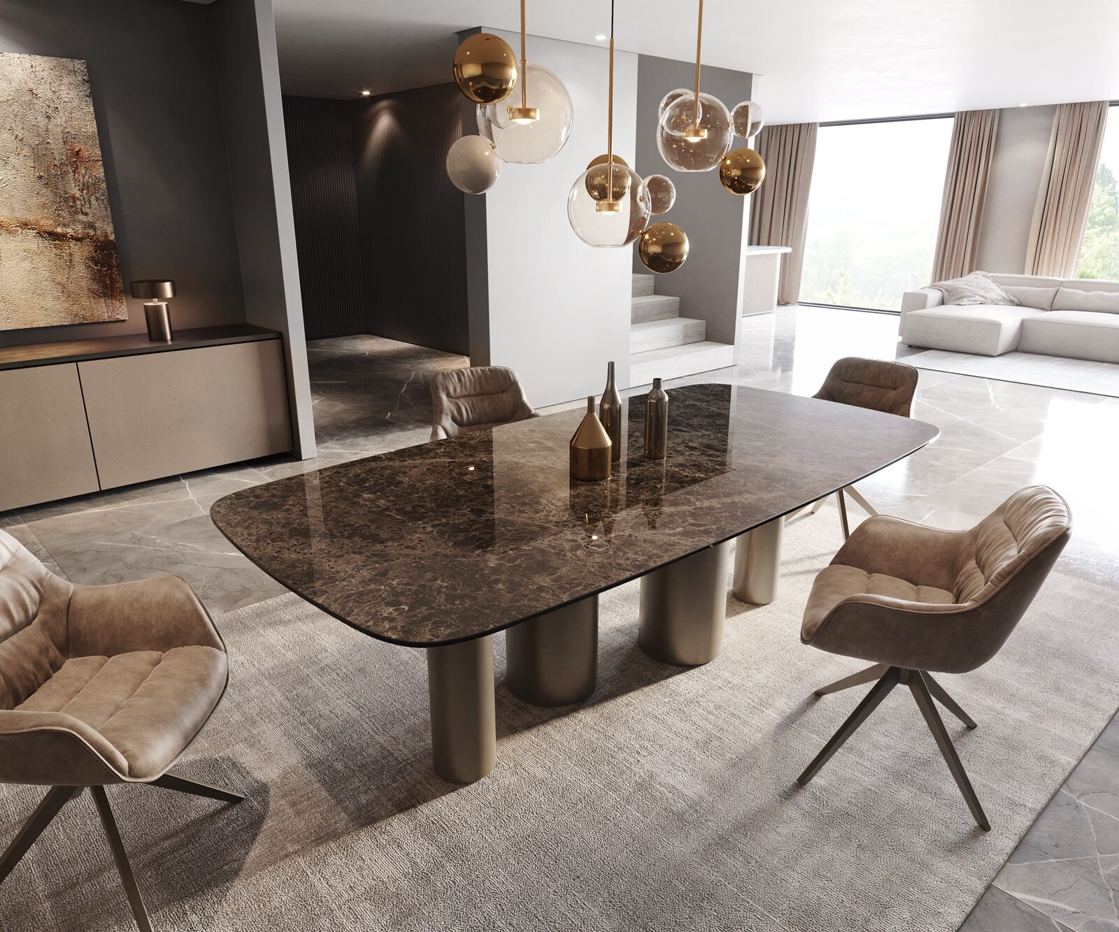 Stół do jadalni Edge kształt beczki 240x120cm ceramika Emperador Extra Lucidato ciemnobrązowy rama Pilier metal kolor tytanowy 1