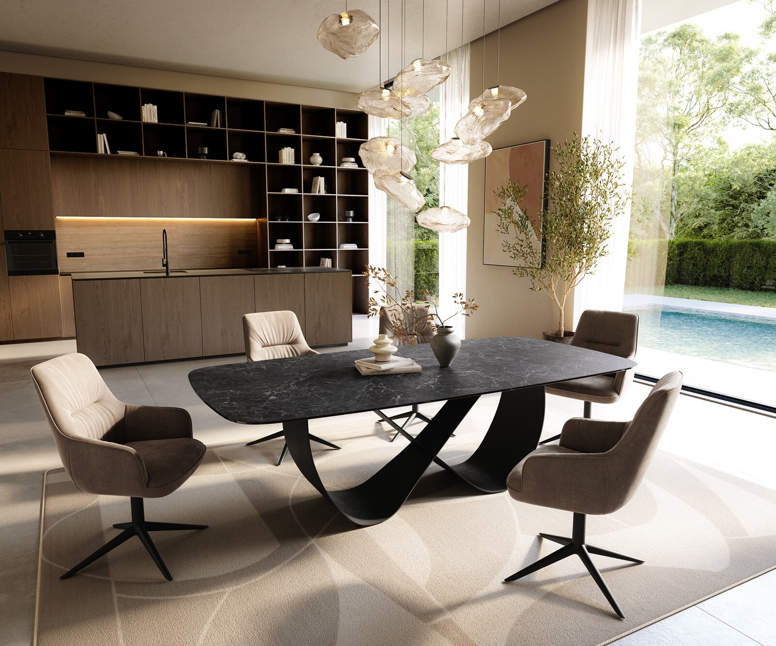 Stół do jadalni Edge w kształcie beczki 240x120 ceramika Laminam® Nero Greco antracytowa rama Infinity metal czarny 6
