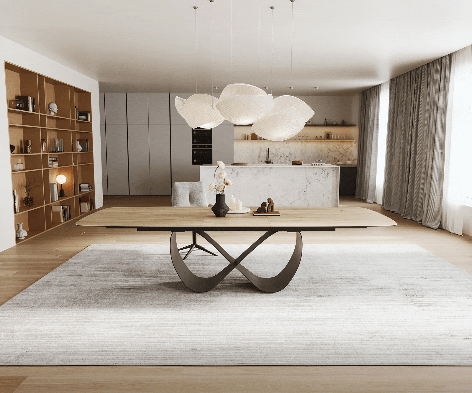 Stół do jadalni Edge w kształcie beczki 240-300x120 cm ceramika Laminam® Sabbia w kolorze dębu rama Infinity metal czarny rozkładany 1