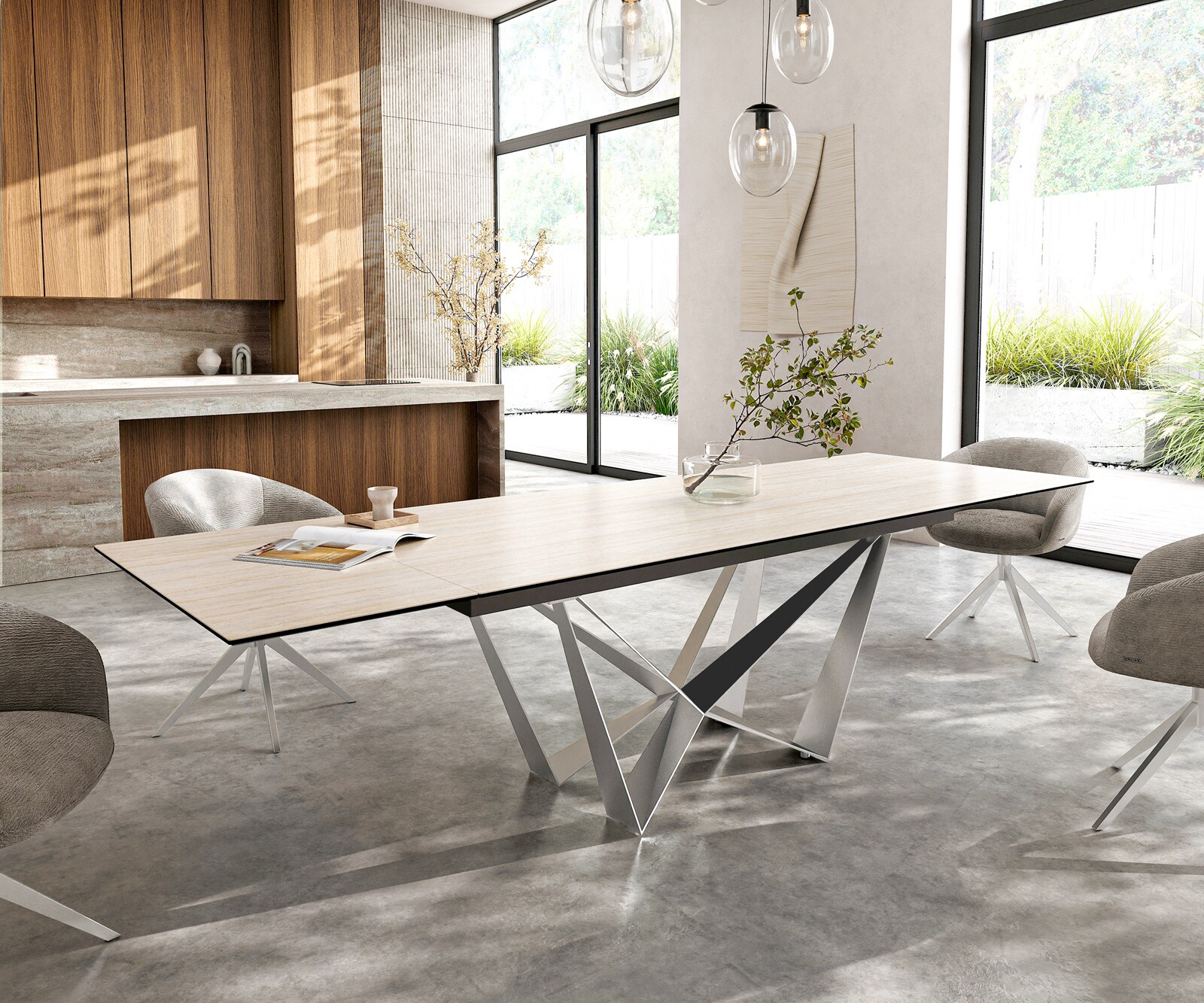 Stół do jadalni Edge 200-300x100cm ceramika Laminam® Travertino Bianco kremowo-biały rama Spider stal nierdzewna rozkładany
