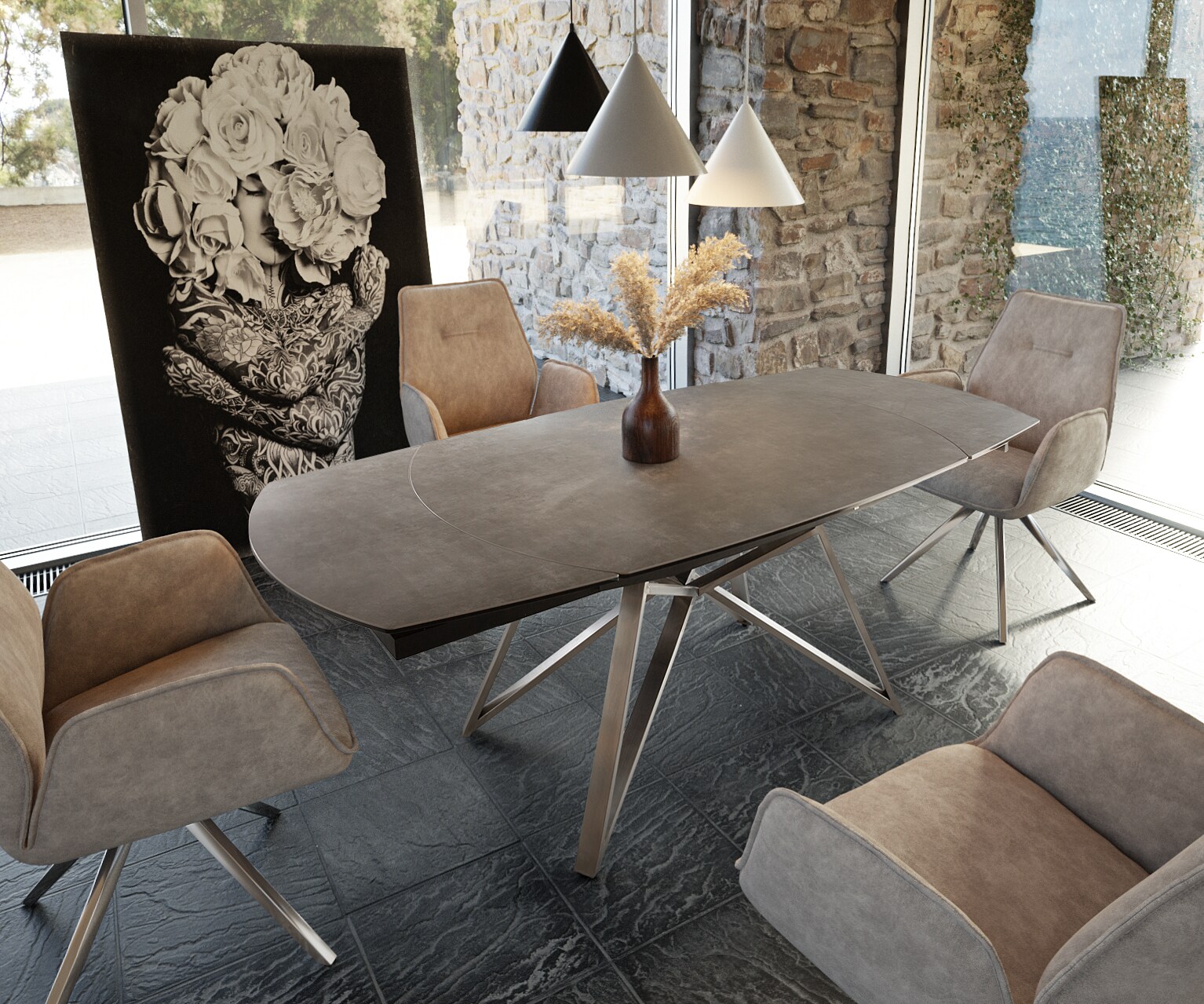 Stół do jadalni Carlow 130/200x95 cm ceramika brązowy stal nierdzewna rozkładany
