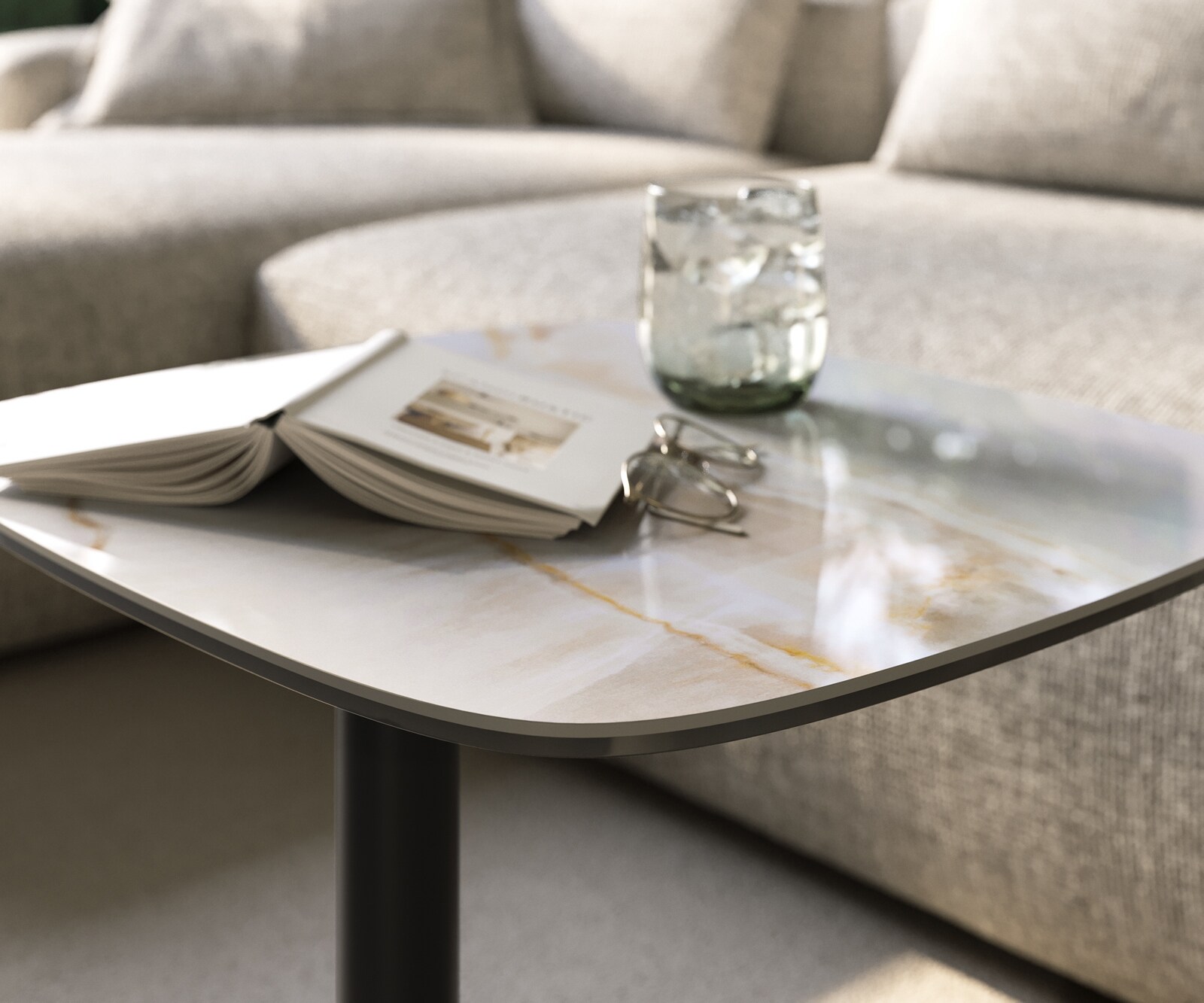 Stolik kawowy Edge w kształcie beczki 50x50 cm ceramika Onyx Pearl podstawa Eleny metal czarny 6