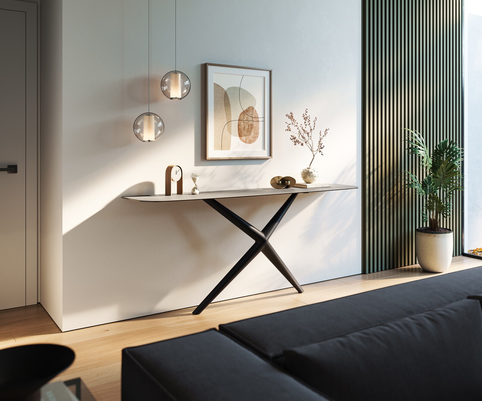 Konsola Edge w kształcie beczki 180x40 cm ceramika w kolorze betonowej szarości rama Estelo metal czarny 7