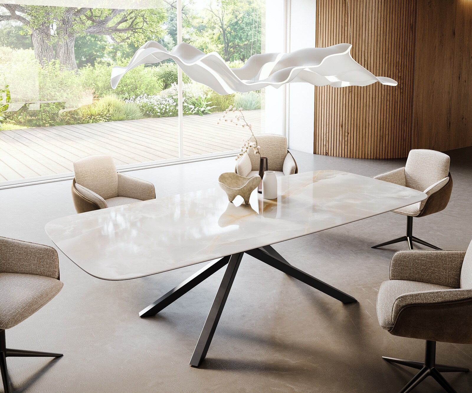 Stół do jadalni Edge w kształcie beczki 270x120 cm ceramika Iris FMG Onice Grigio rama Cross metal czarny 1