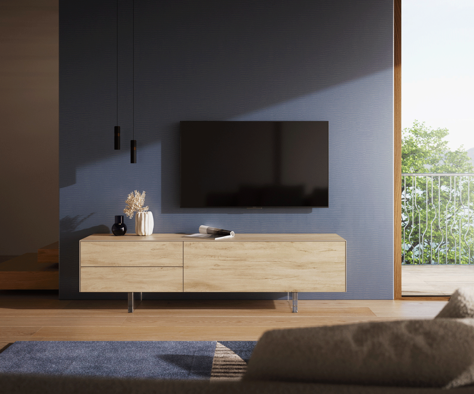 Szafka RTV Cuor 180 cm ceramika Laminam® Sabbia (kolor dębu) 1 klapa 2 szuflady nóżki akrylowe 2