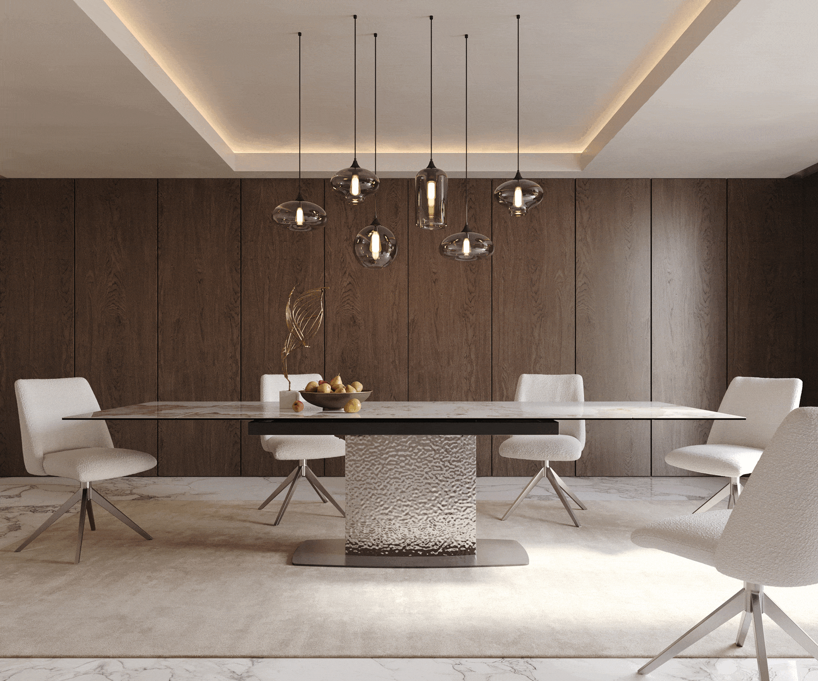 Stół do jadalni Edge 200-300x100 cm ceramika Minas Melange biało-beżowy rama Wave stal nierdzewna rozkładany 2