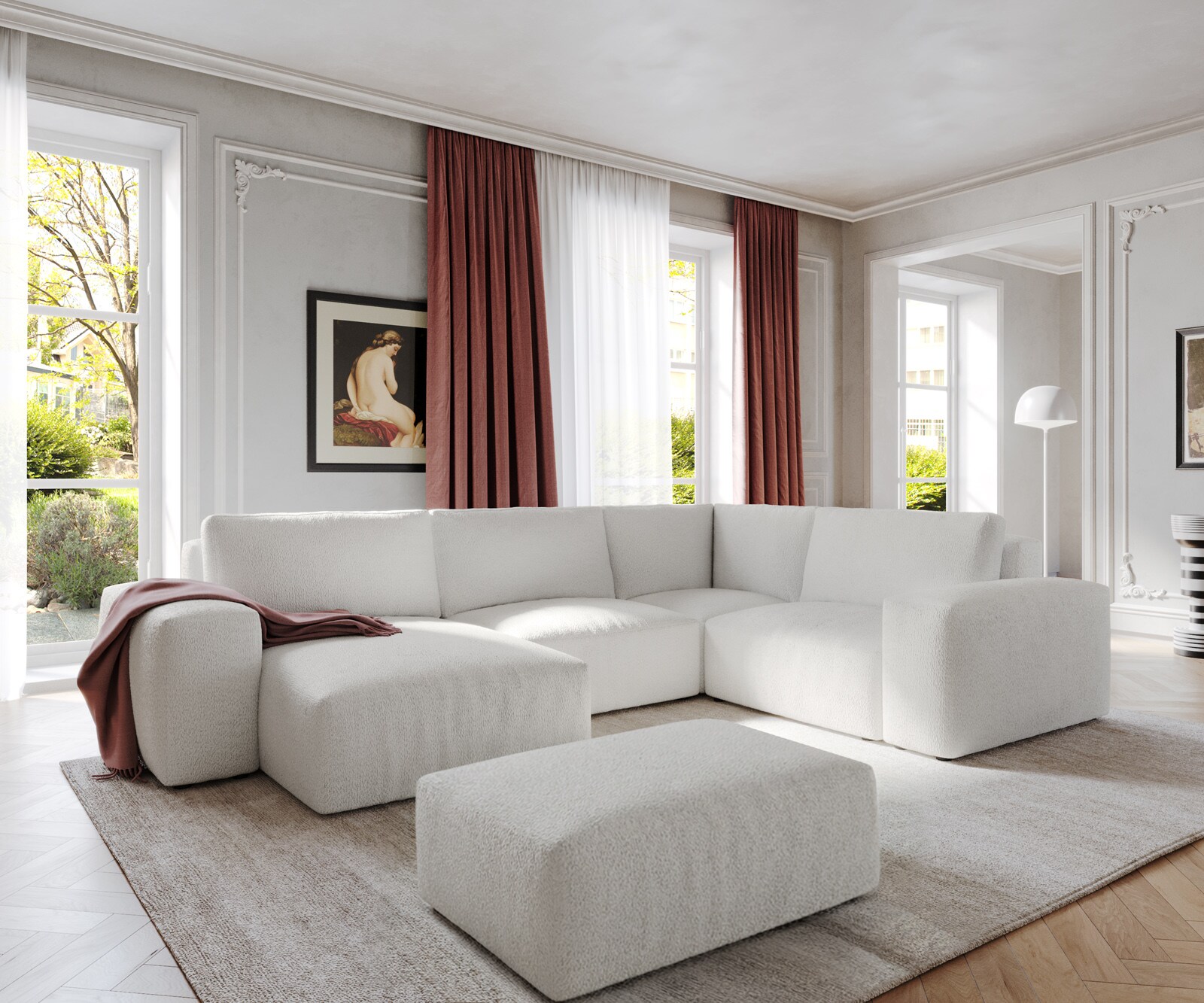Sofa w kształcie litery U Lanzo 300x210 cm bouclé kremowo-biały szezlong z możliwością obustronnego montażu z pufem