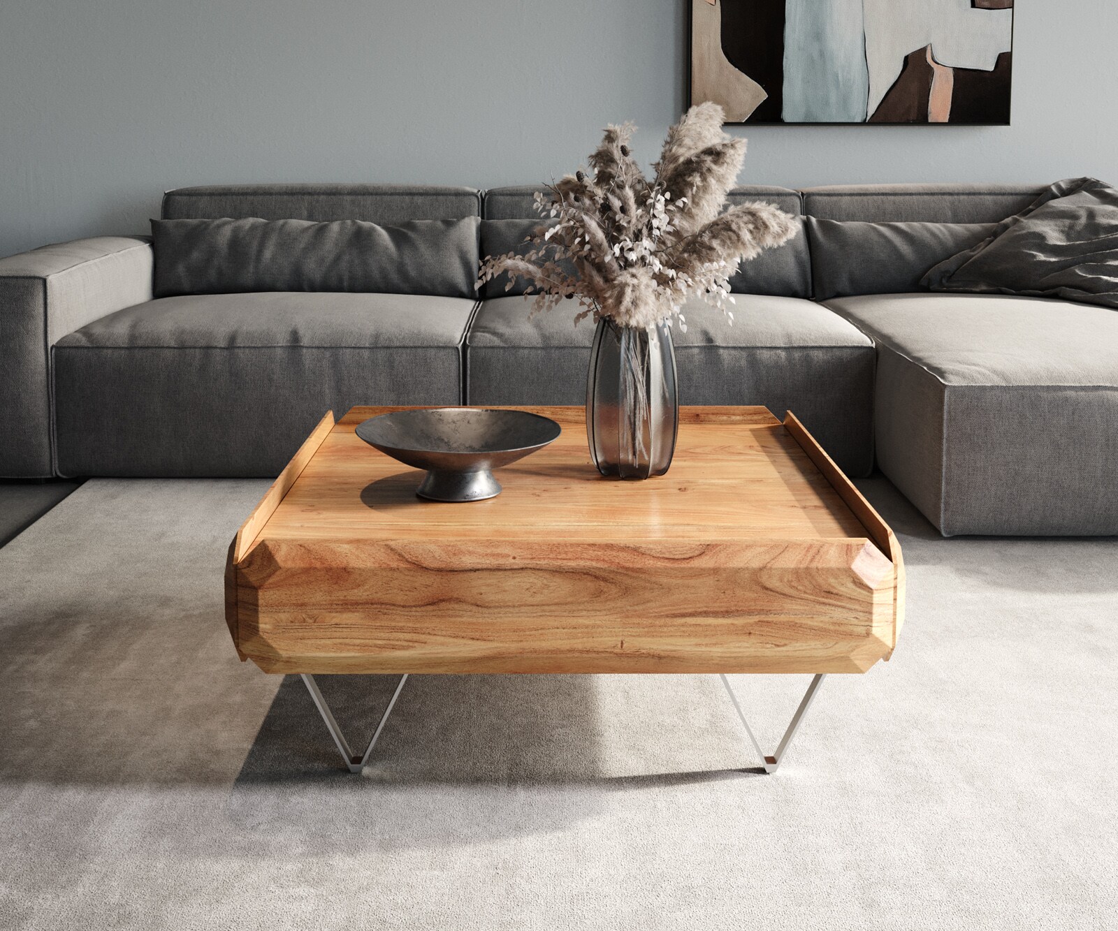 Stolik kawowy Kiano 90x90cm akacja naturalna 2 szuflady nóżki V stal nierdzewna 1