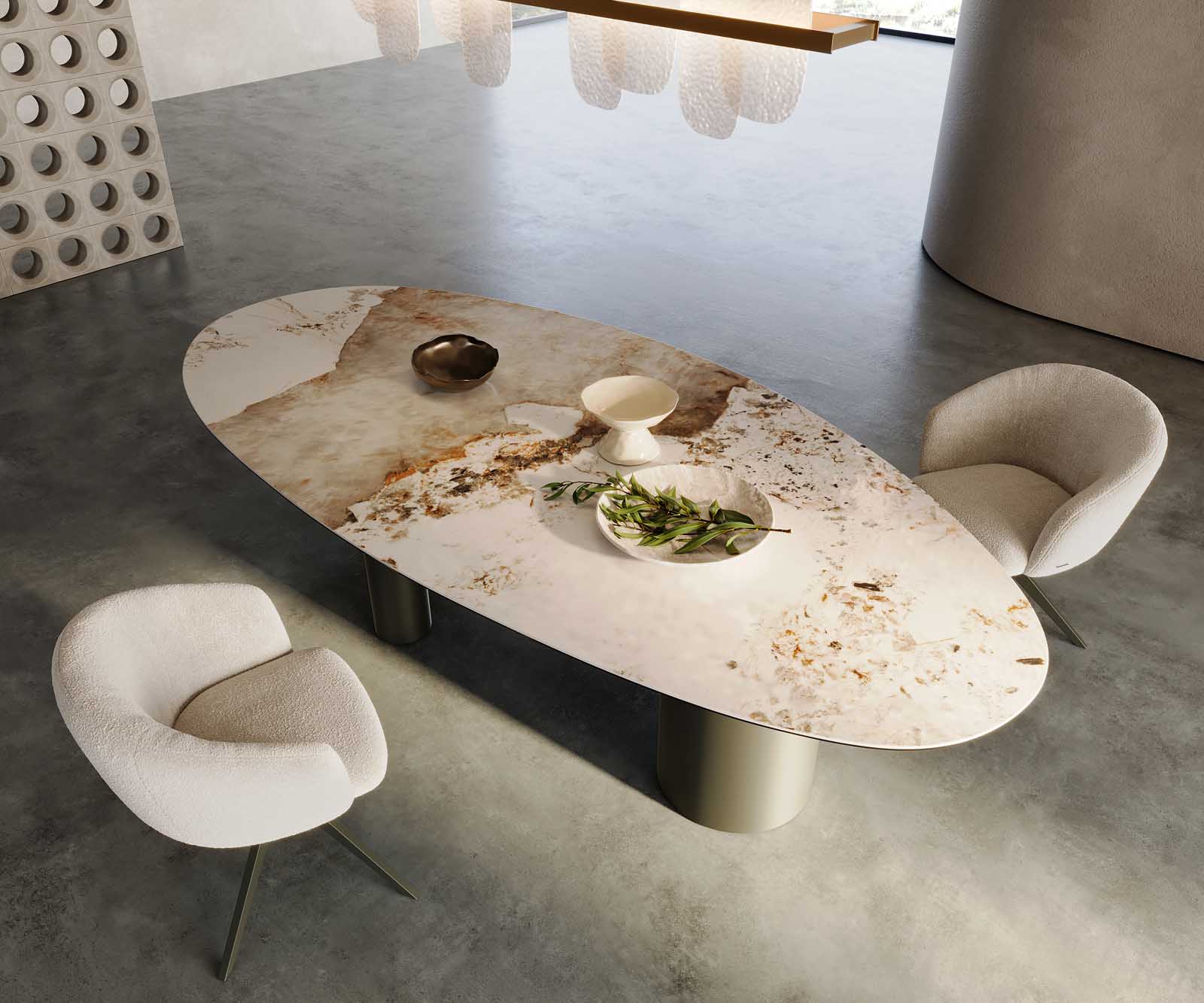 Stół do jadalni Edge owalny 280x130cm ceramika Minas Melange biało-beżowy rama Estelar metal czarny 2
