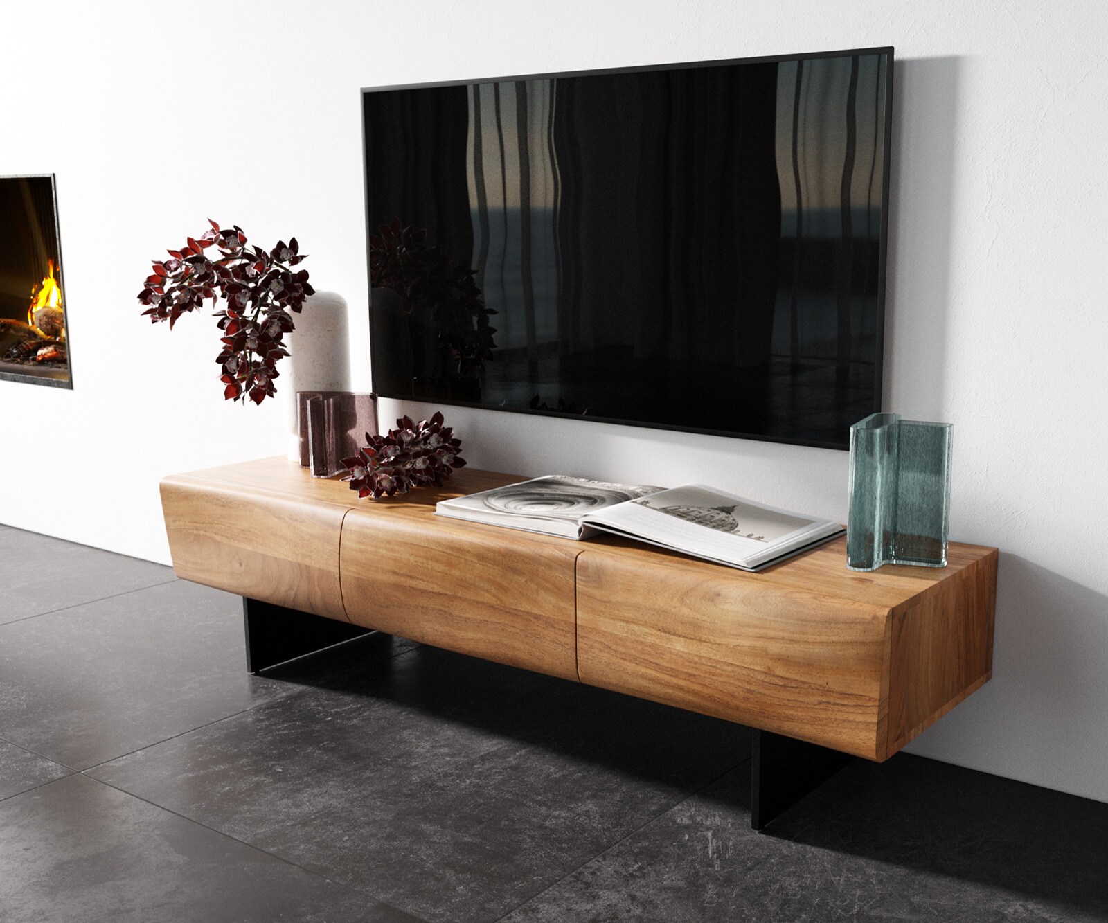 Szafka RTV New Live-Edge 145 cm akacja naturalna 3 drzwi nóżki wąskie czarny metal