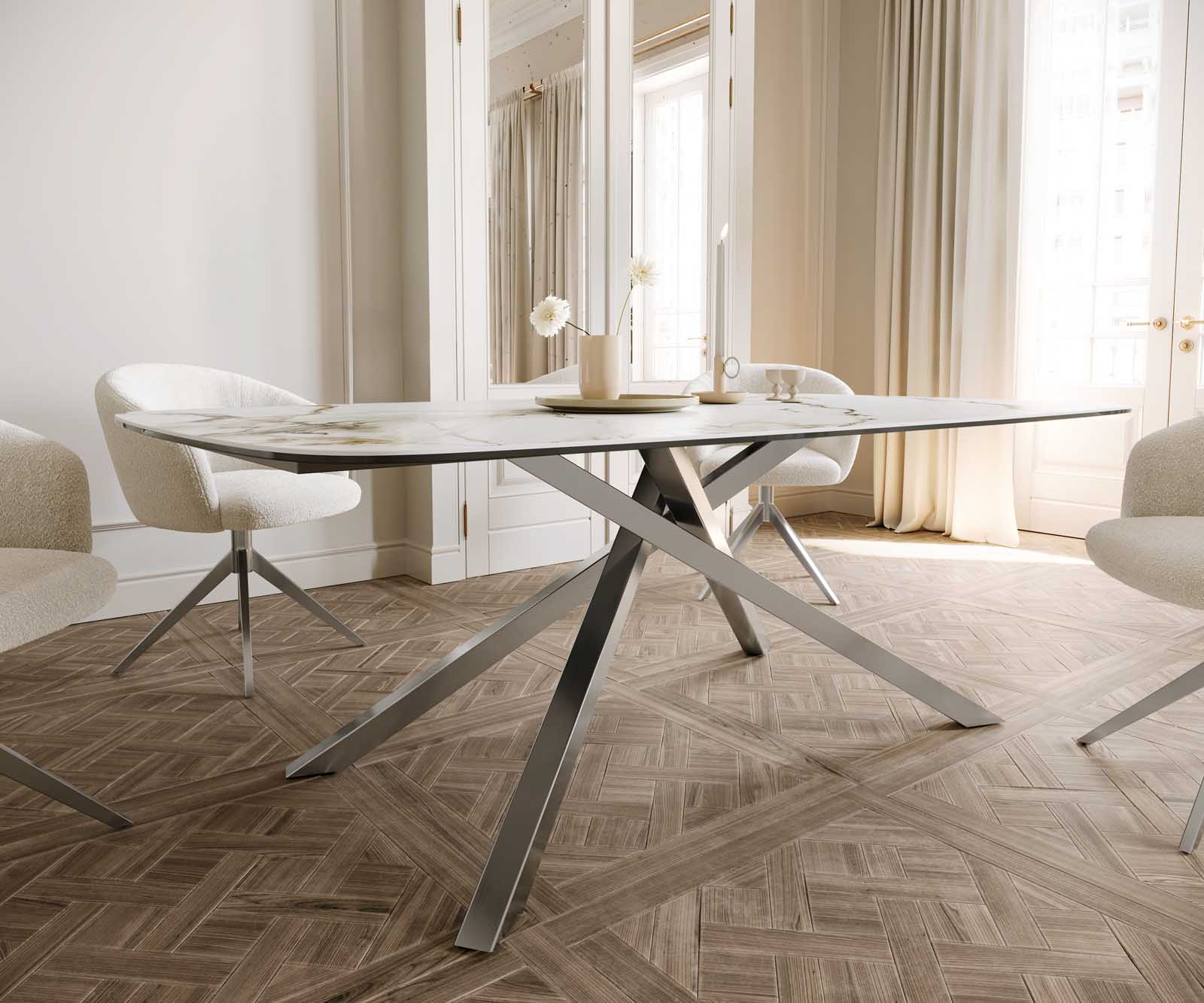Stół do jadalni Edge kształt beczki 200x100cm ceramika Calacatta Luxe biało-złoto-szary rama Cross stal nierdzewna 5