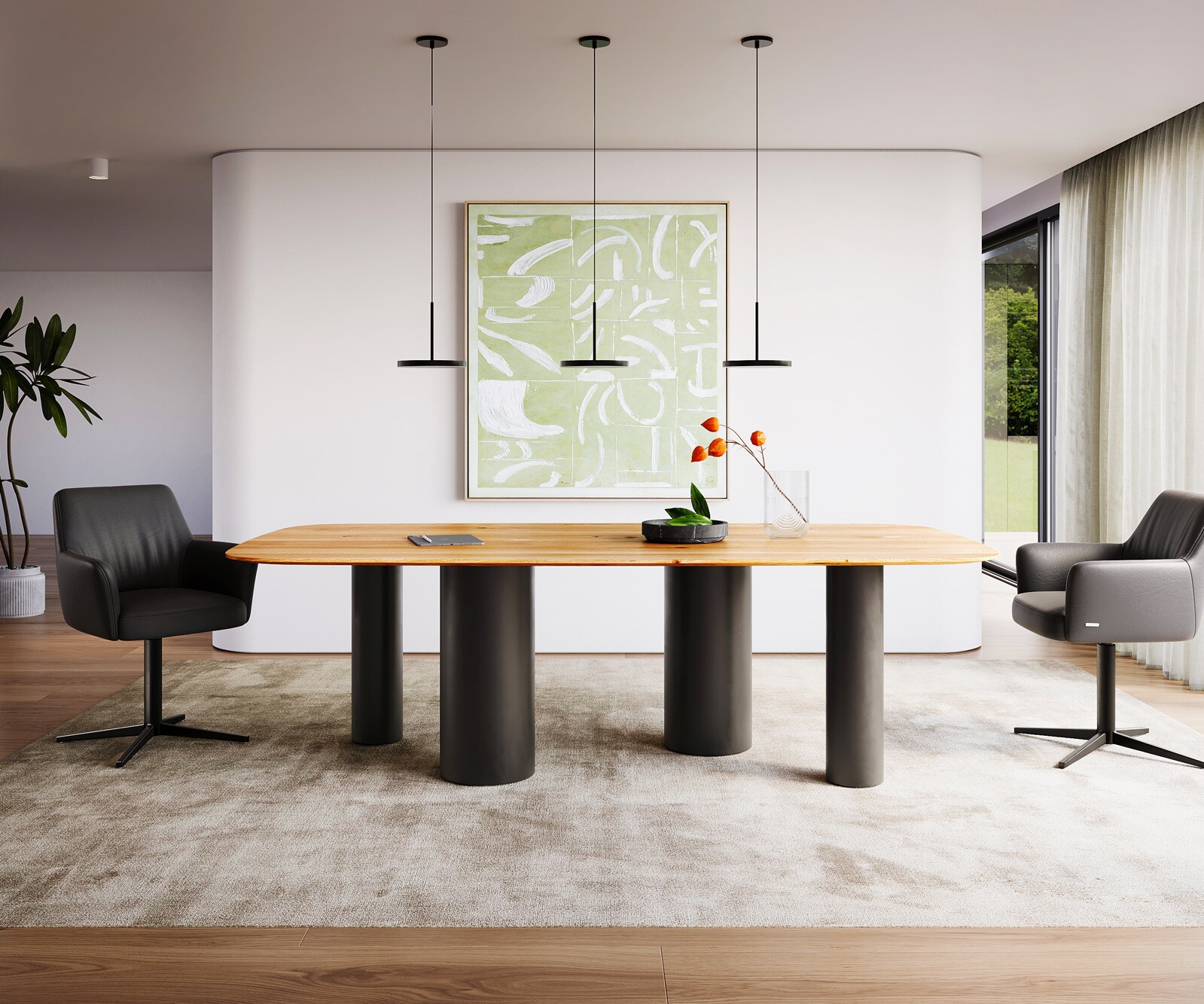 Stół do jadalni Edge kształt beczki 240x120x2,5-3cm dąb naturalny rama Pilier metal czarny krawędź szwajcarska 1