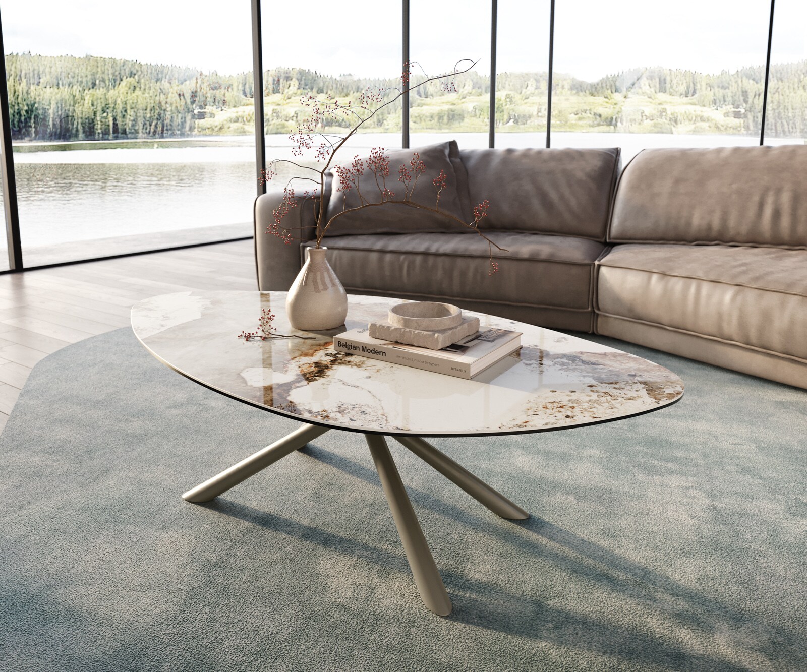 Stolik kawowy Edge organiczny 140x76 cm ceramika Minas Melange podstawa Sarity wykończenie tytanowe 2