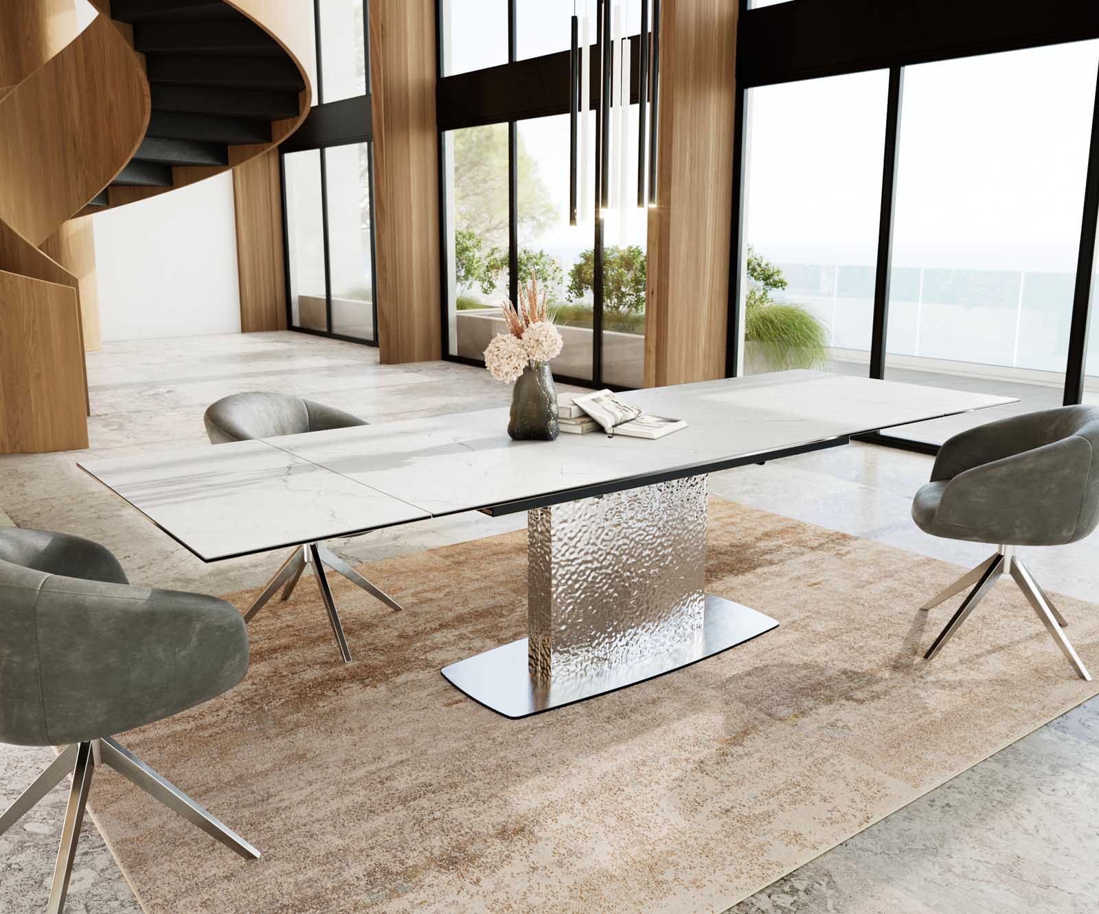 Stół do jadalni Edge 200-300x100 cm ceramika Laminam® Statuarietto biały rama Wave stal nierdzewna rozkładany 8