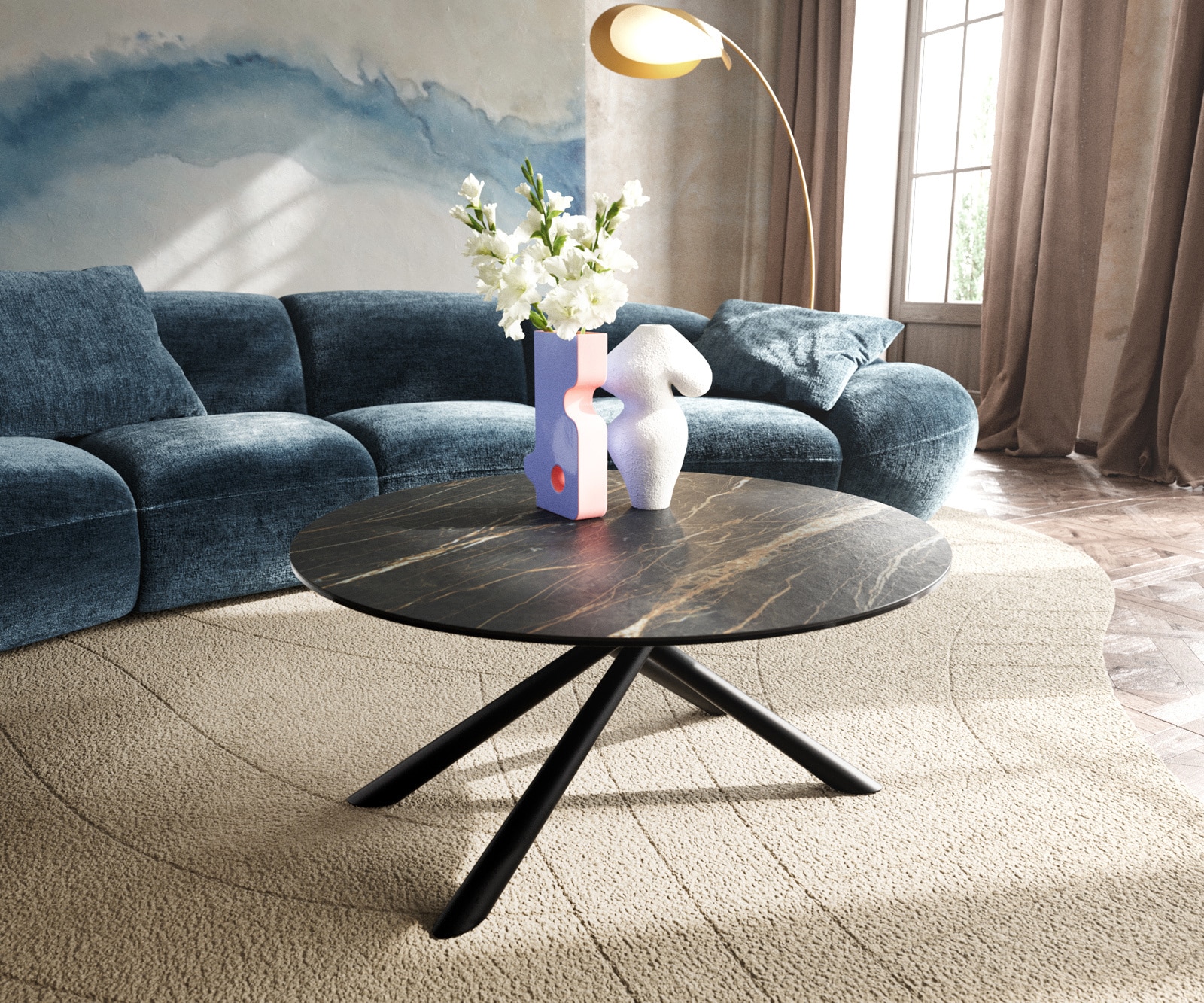Stolik kawowy Edge okrągły 90x90 cm ceramika Laminam® Noir Desir brązowa podstawa Sarity metal czarny 1