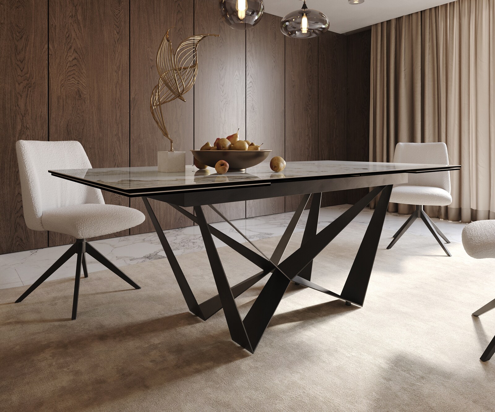 Stół do jadalni Edge 200-300x100 cm ceramika Minas Melange biało-beżowy rama Spider metal czarna rozkładany 7