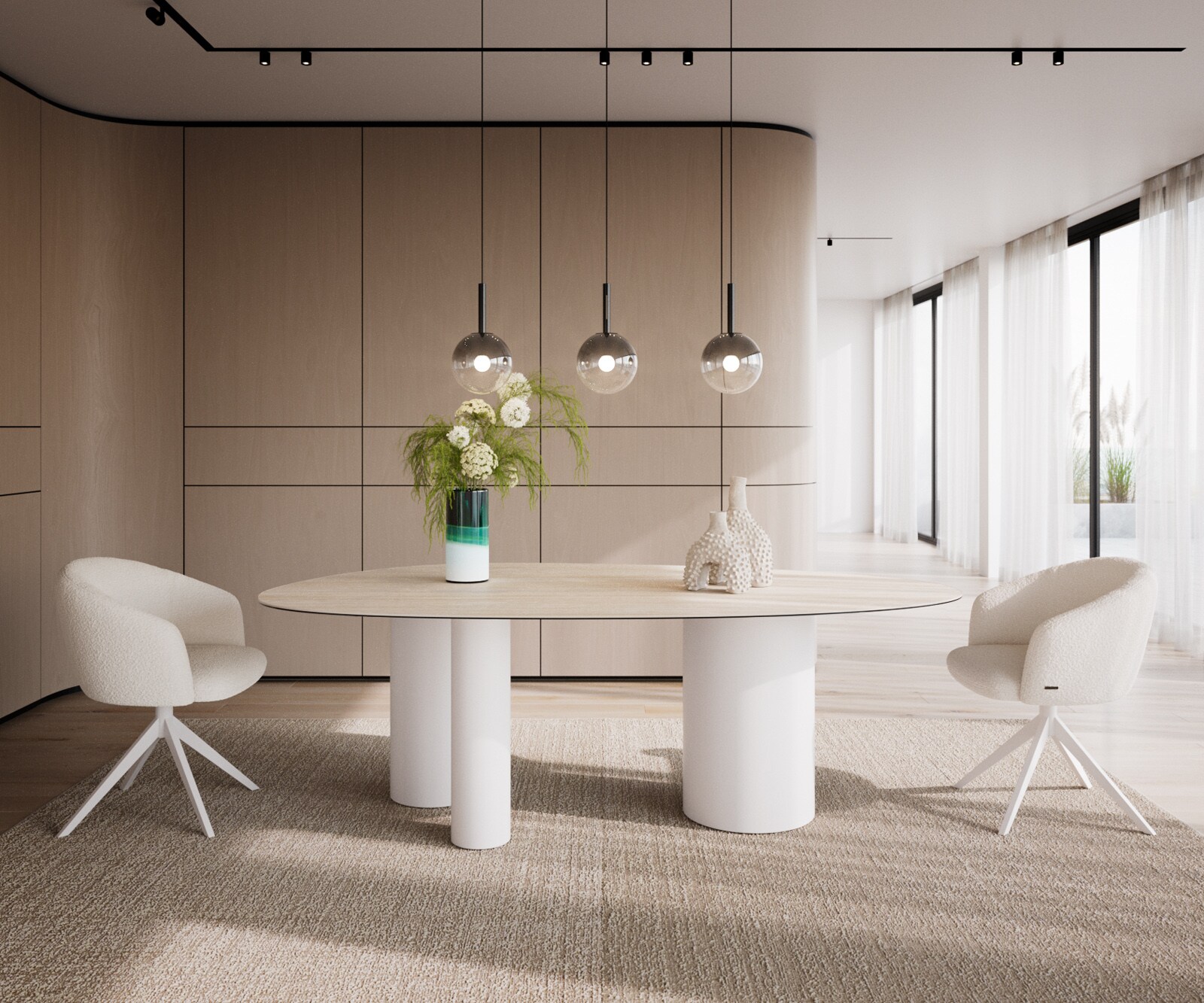 Stół do jadalni Edge owalny 220x120cm ceramika Laminam® Travertino Bianco kremowo-biały rama Troa metal biały 1