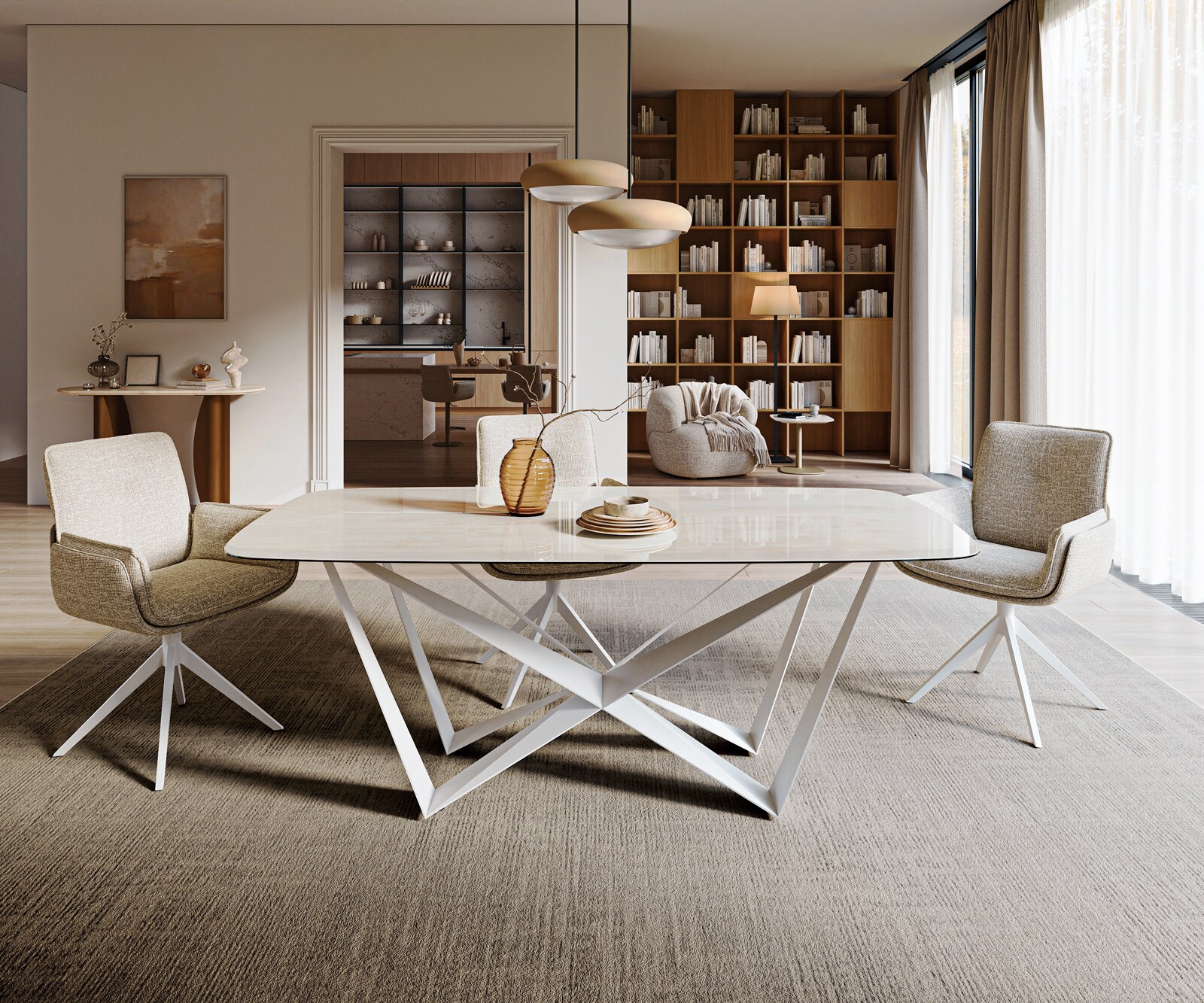 Stół do jadalni Edge w kształcie beczki 200x100 cm ceramika Onyx Champagne rama Spider metal biały 1