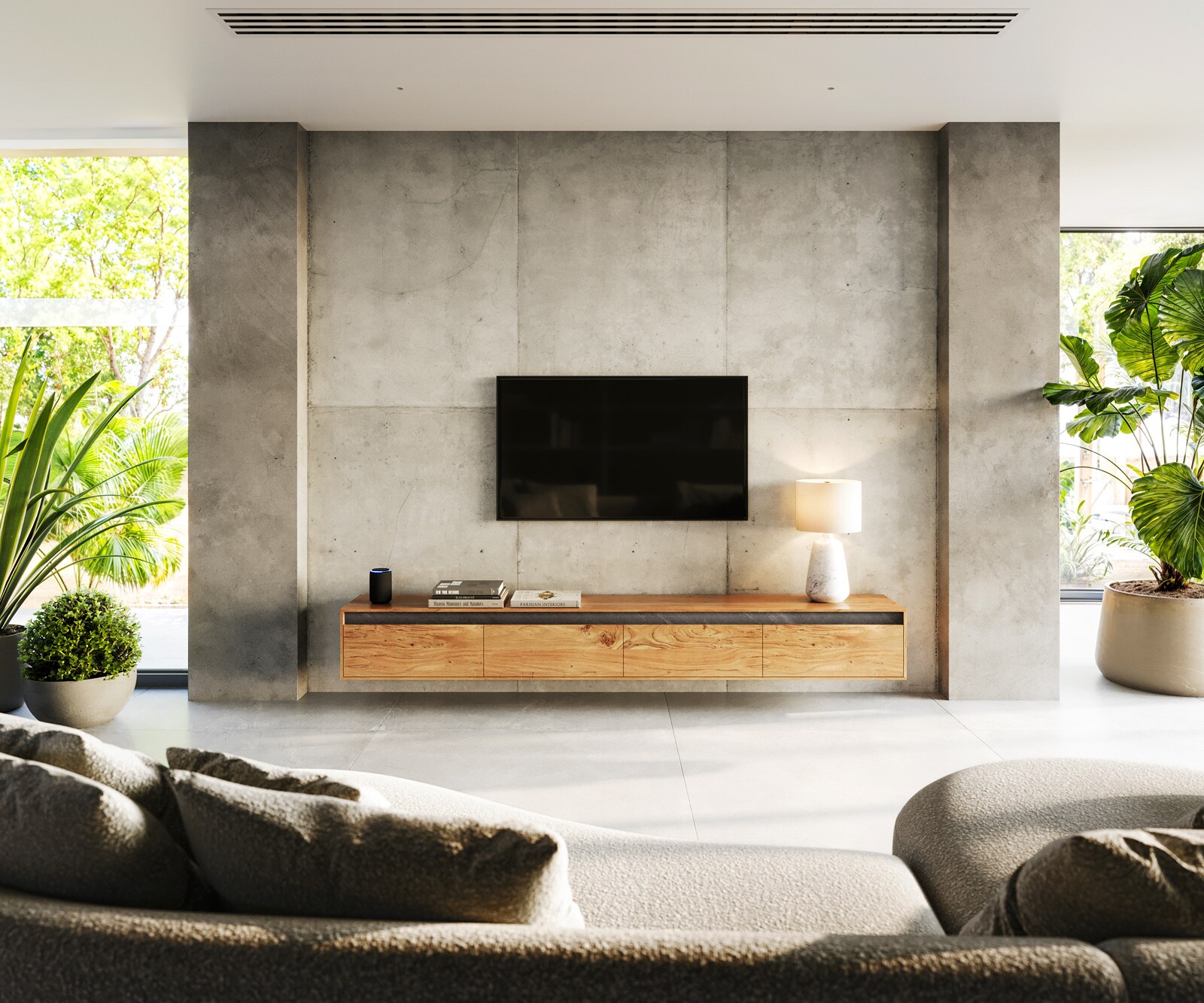 Szafka RTV Stonegrace 240 cm akacja naturalna łupek 4 drzwi podwieszana 1