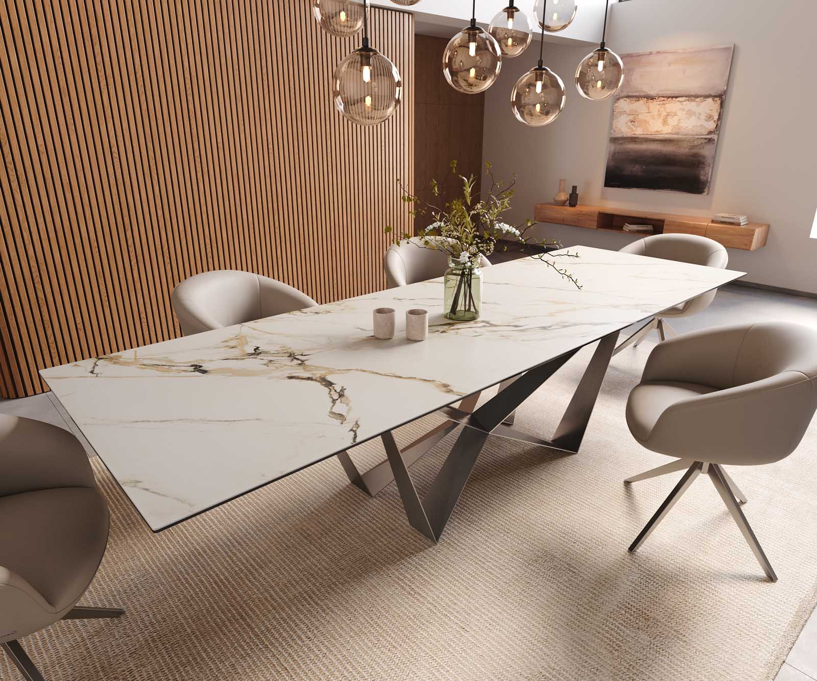Stół do jadalni Edge 300x100cm ceramika Calacatta Luxe biało-złoto-szary rama Spider stal nierdzewna 1