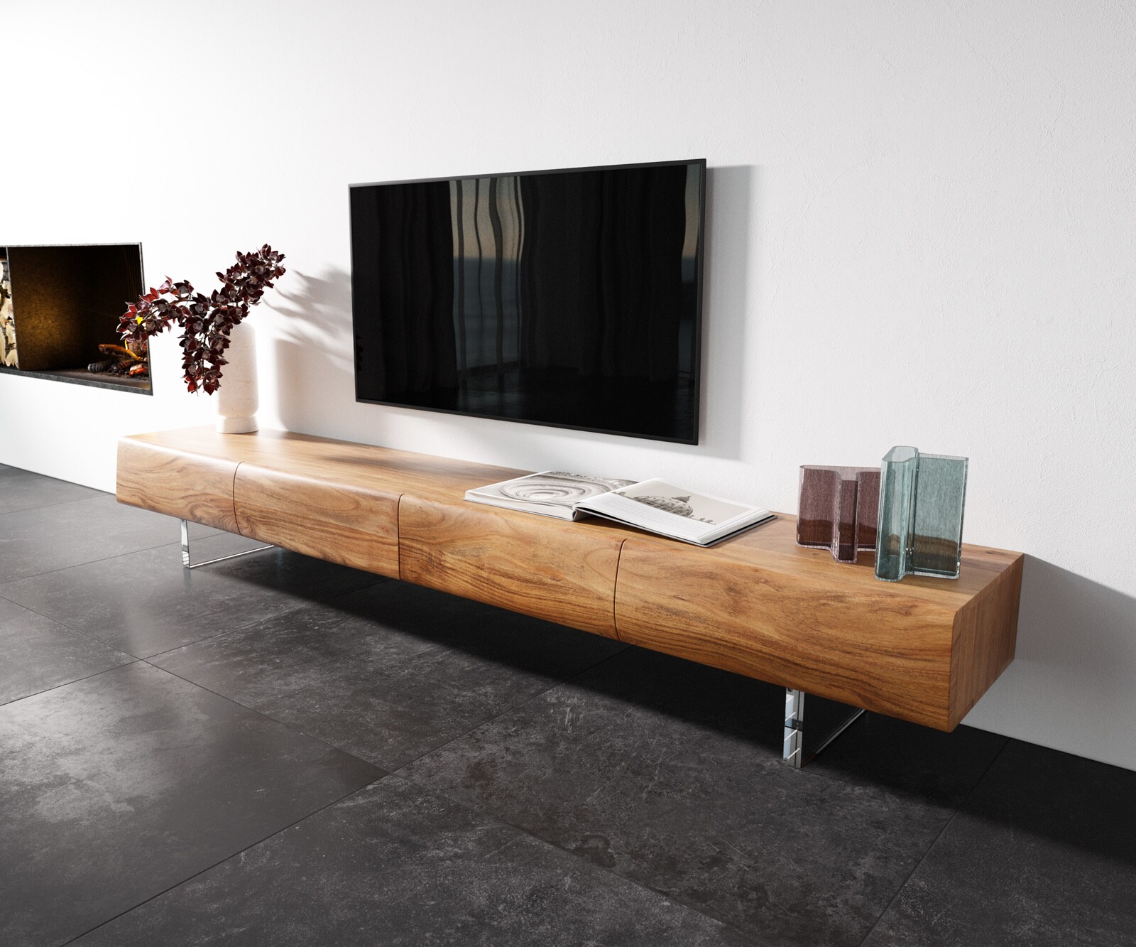 Szafka RTV New Live-Edge 240 cm akacja naturalna 4 szuflady nóżki akrylowe