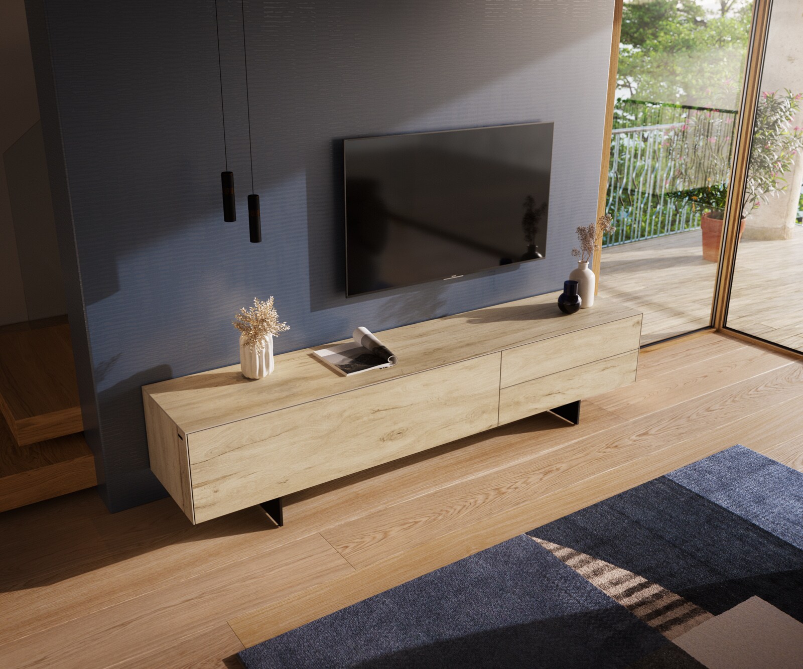 Szafka RTV Cuor 220 cm ceramika Laminam® Sabbia (kolor dębu) 1 klapa 2 szuflady nóżki wąskie czarny metal 4