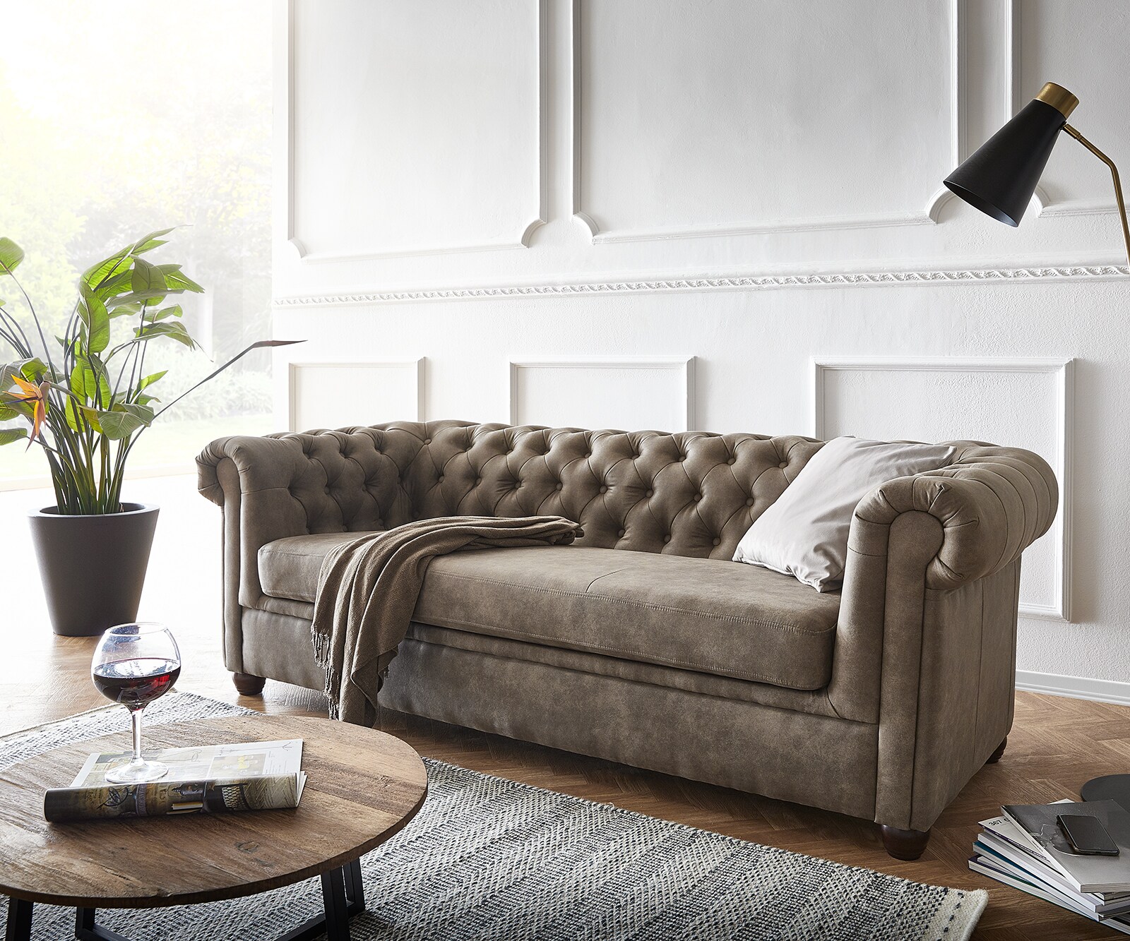 Sofa Chesterfield 3-osobowa 200x88 cm szaro-brązowy vintage