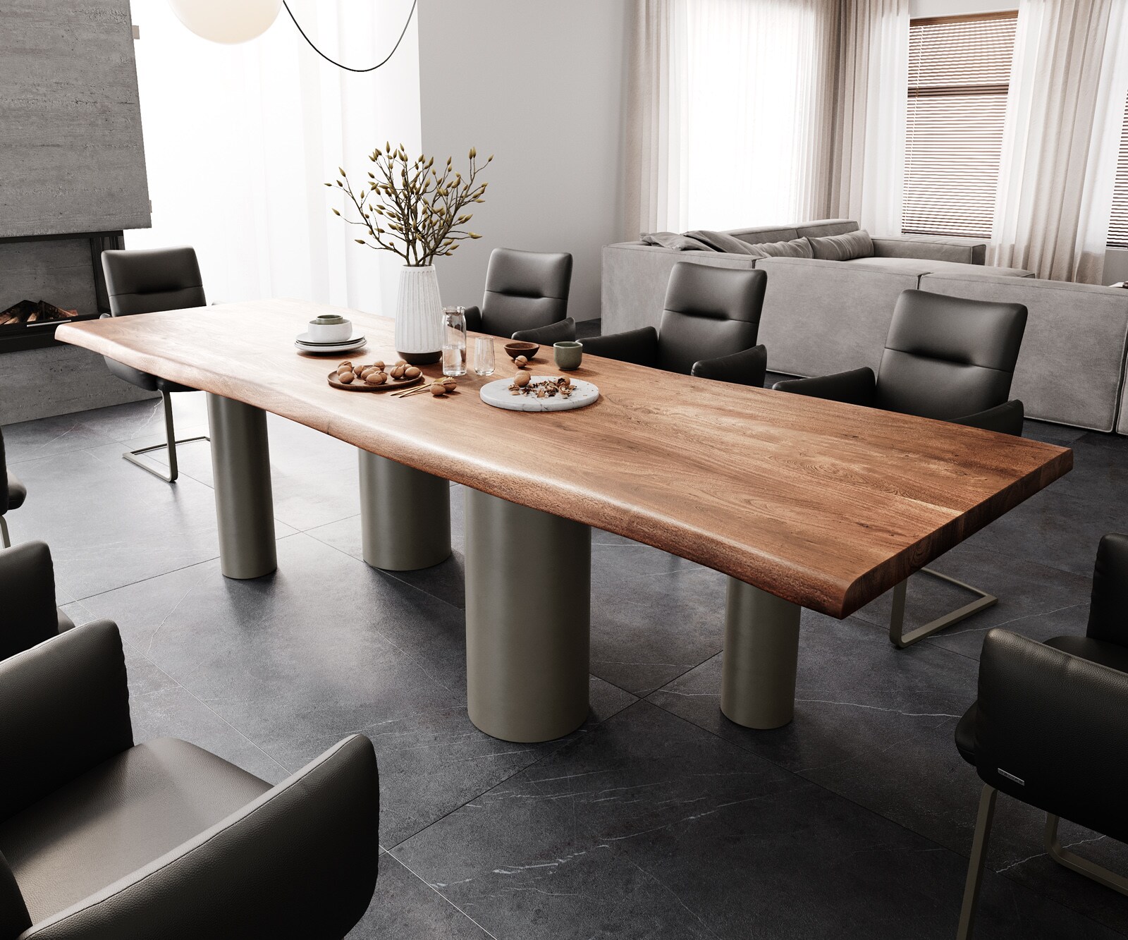 Stół do jadalni Edge 300x100 XL akacja brązowa podstawa Pilier metal kolor tytanowy live-edge