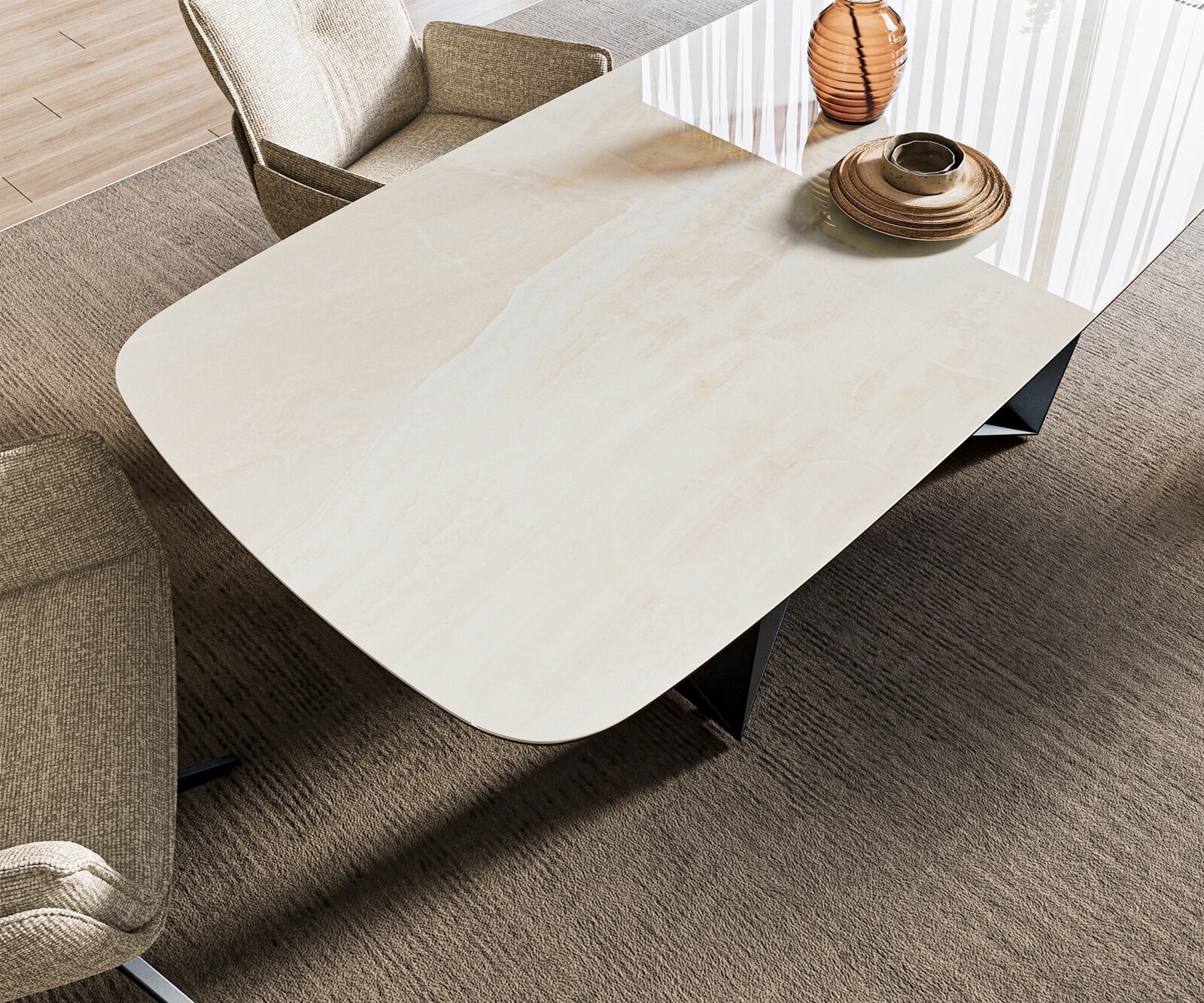 Stół do jadalni Edge w kształcie beczki 200x100 cm ceramika Onyx Champagne rama Spider metal czarny 3