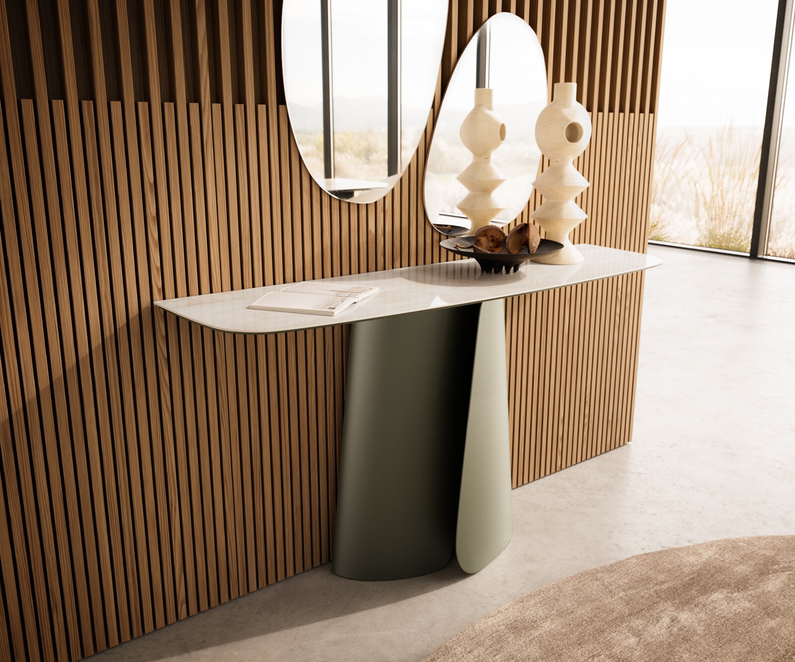 Konsola Edge w kształcie beczki 140x40 cm ceramika Onyx Champagne podstawa Livos metal w kolorze tytanu 4
