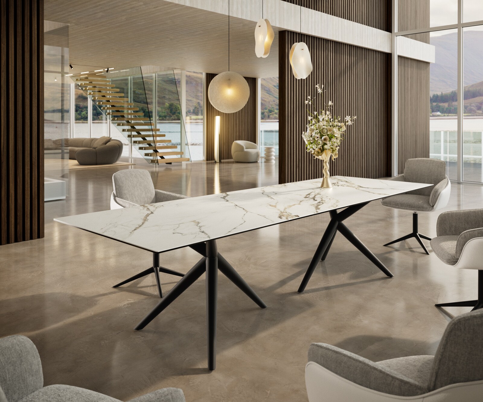 Stół do jadalni Edge 300x100cm ceramika Calacatta Luxe biało-złoto-szary rama Estelar metal czarny 1