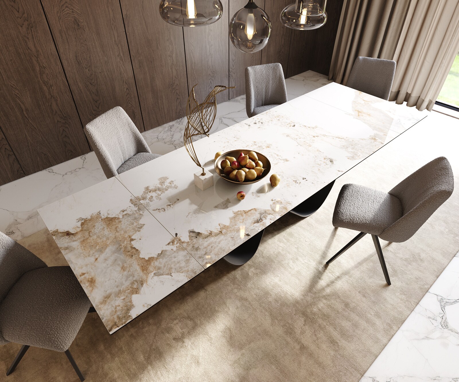 Stół do jadalni Edge 200-300x100cm ceramika Minas Melange biało-beżowy rama Infinity metal czarny rozkładany 3