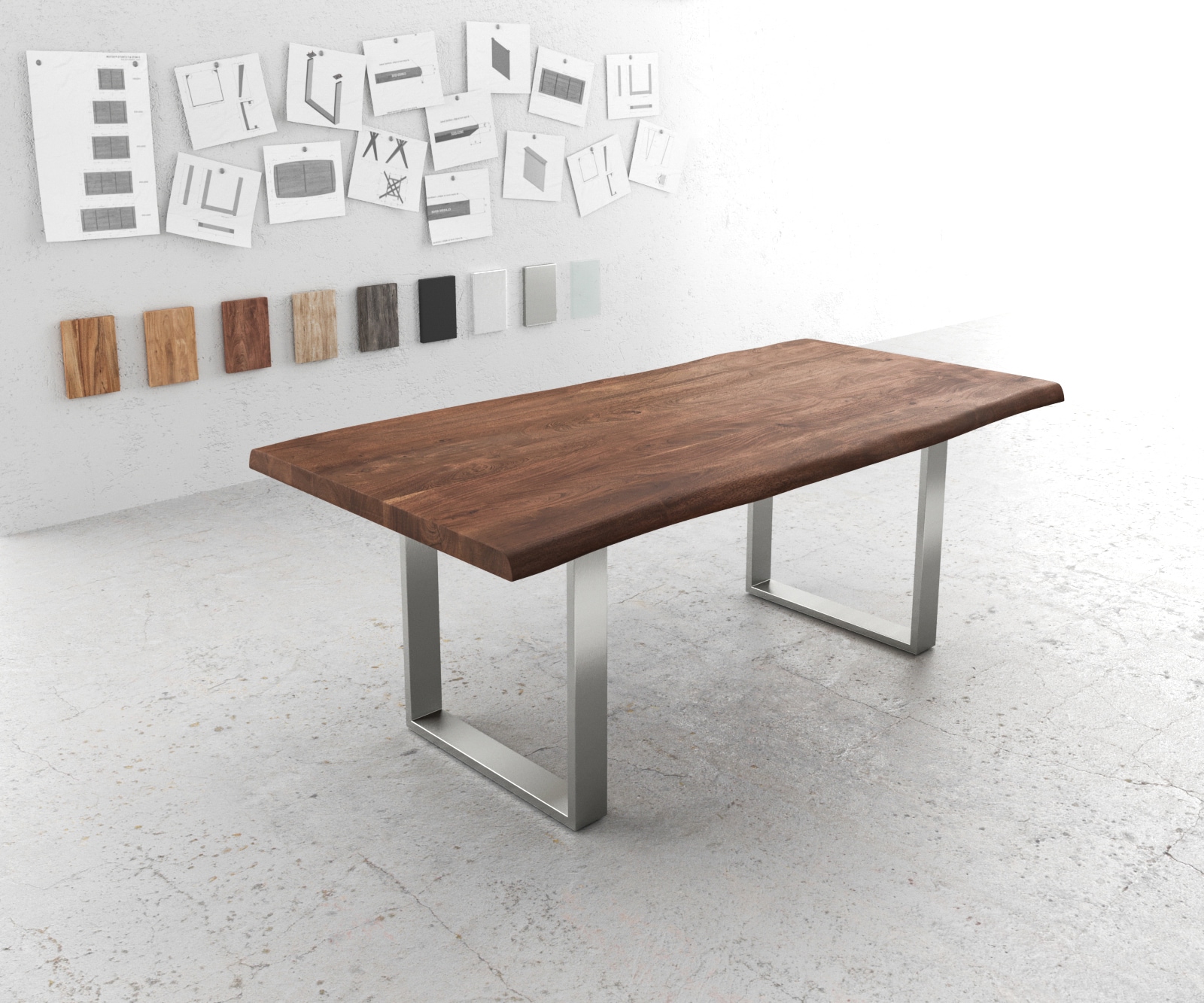Stół do jadalni Edge 200x100 cm XL akacja brązowa stal nierdzewna wąska rama live-edge